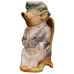 19th Century French Hand Painted Ceramic Barbotine Pig Pitcher by Onnaing