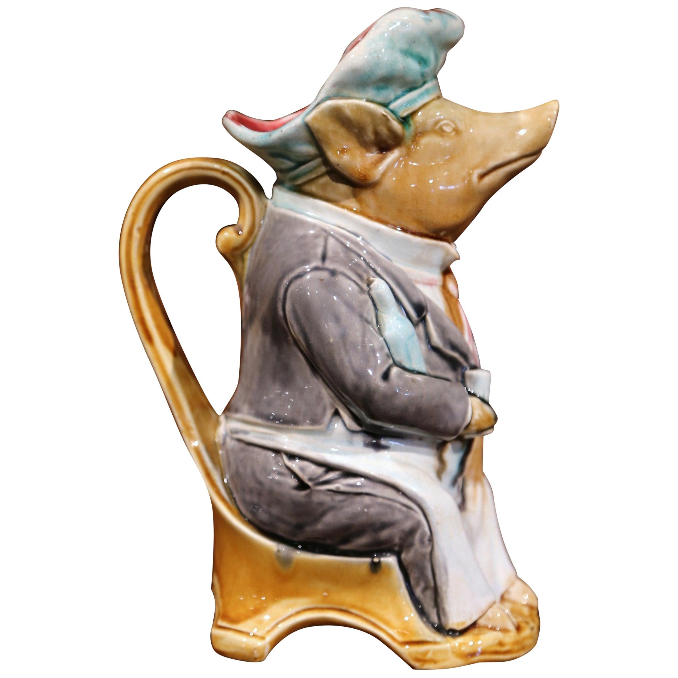 19th Century French Hand Painted Ceramic Barbotine Pig Pitcher by Onnaing For Sale