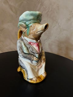 19th century French Hand Painted Ceramic Barbotine Pig Pitcher