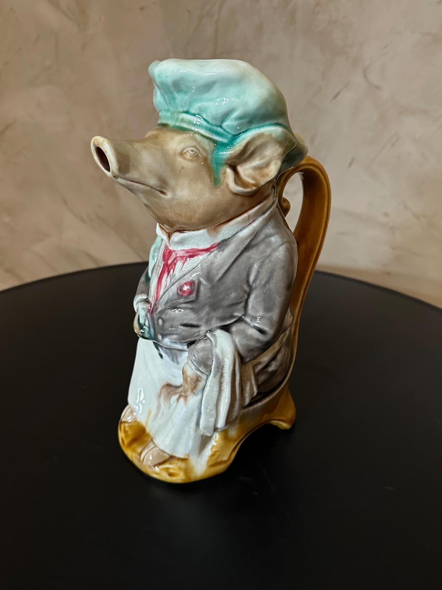 19th century French Hand Painted Ceramic Barbotine Pig Pitcher For Sale 2