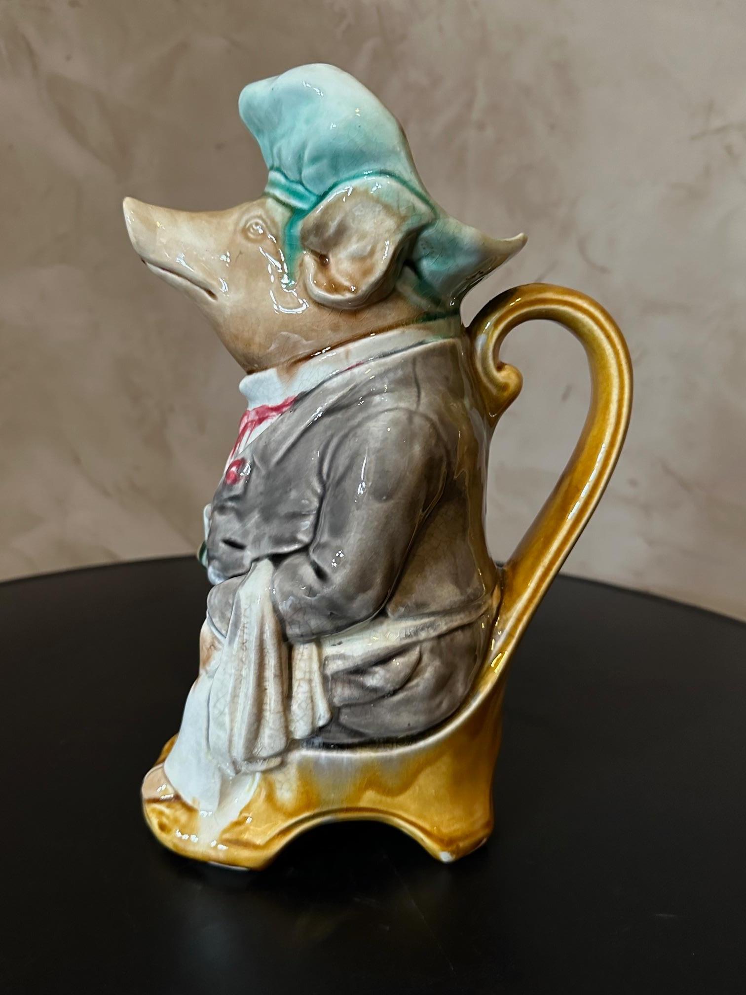 19th century French Hand Painted Ceramic Barbotine Pig Pitcher For Sale 3