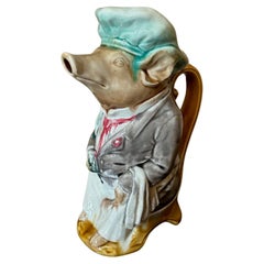 Pichet à cochon Barbotine en céramique peinte à la main et datant du 19e siècle