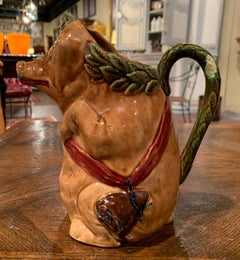 19th Century French Hand Painted Ceramic Barbotine Pig Pitcher Onnaing Style