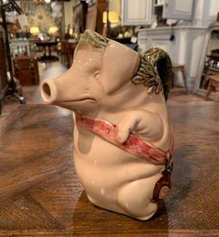 19th Century French Hand Painted Ceramic Barbotine Pig Pitcher Onnaing Style