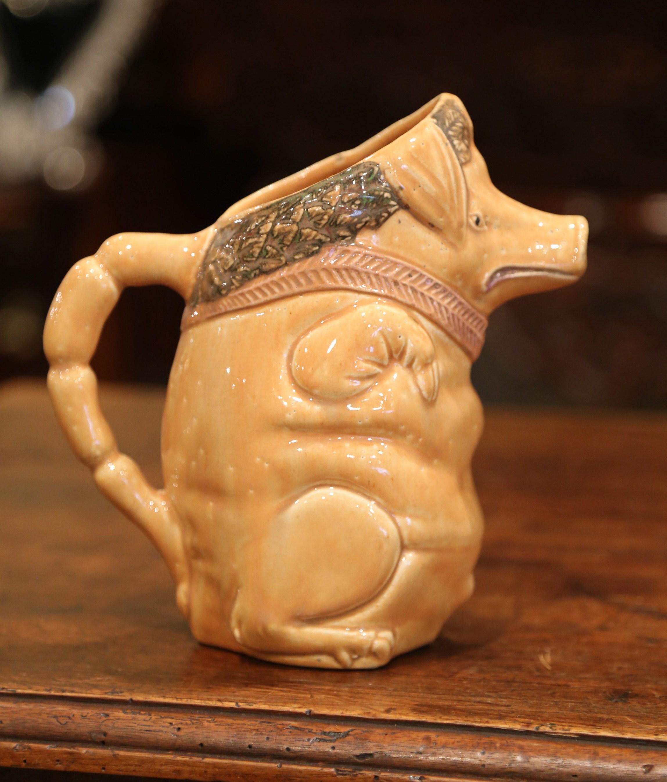 Hand-Crafted 19th Century French Hand Painted Ceramic Barbotine Pig Pitcher Onnaing Style