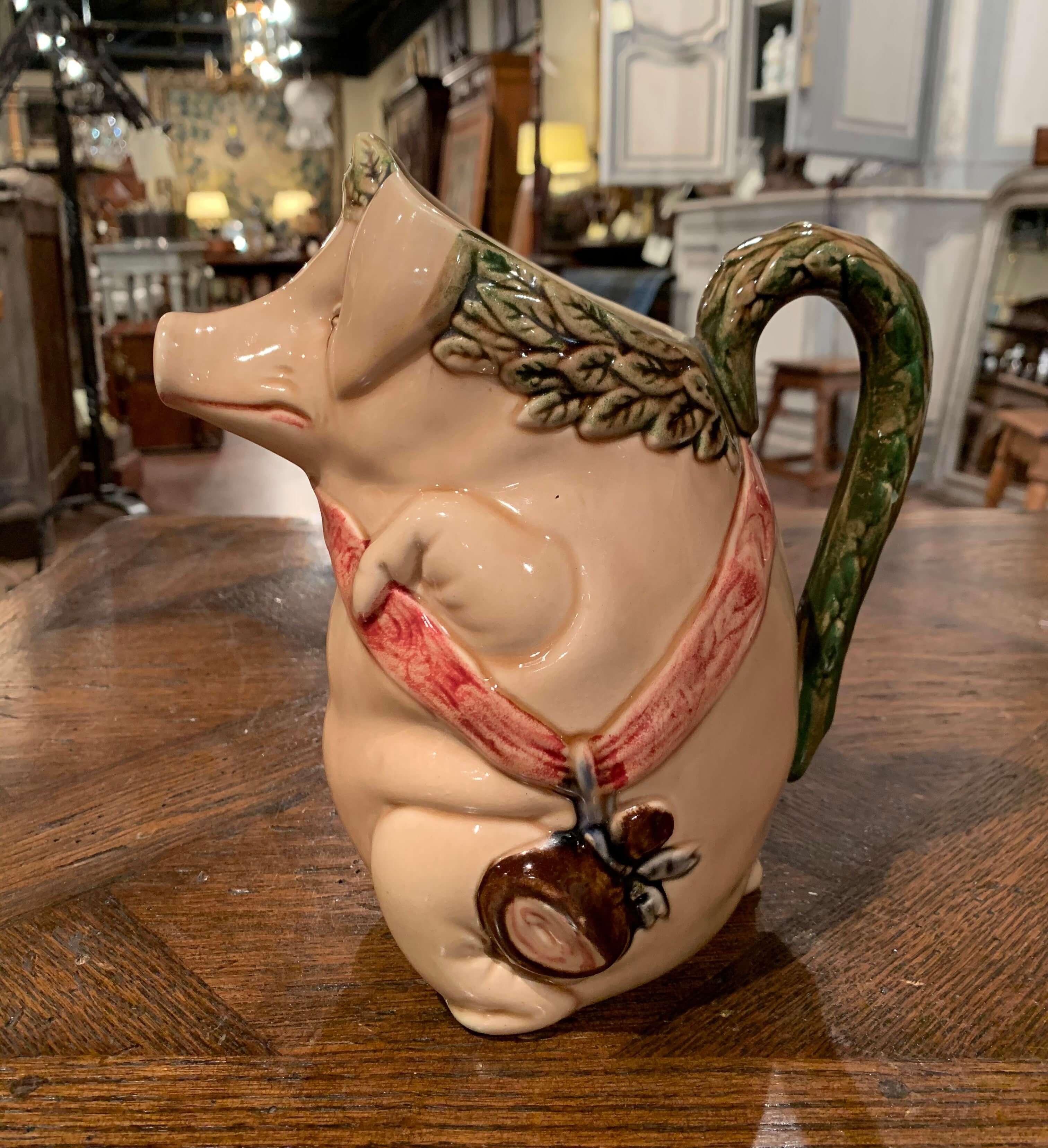 19. Jahrhundert Französisch Hand gemalt Keramik Barbotine Schwein Krug Onnaing Stil (Handgefertigt) im Angebot