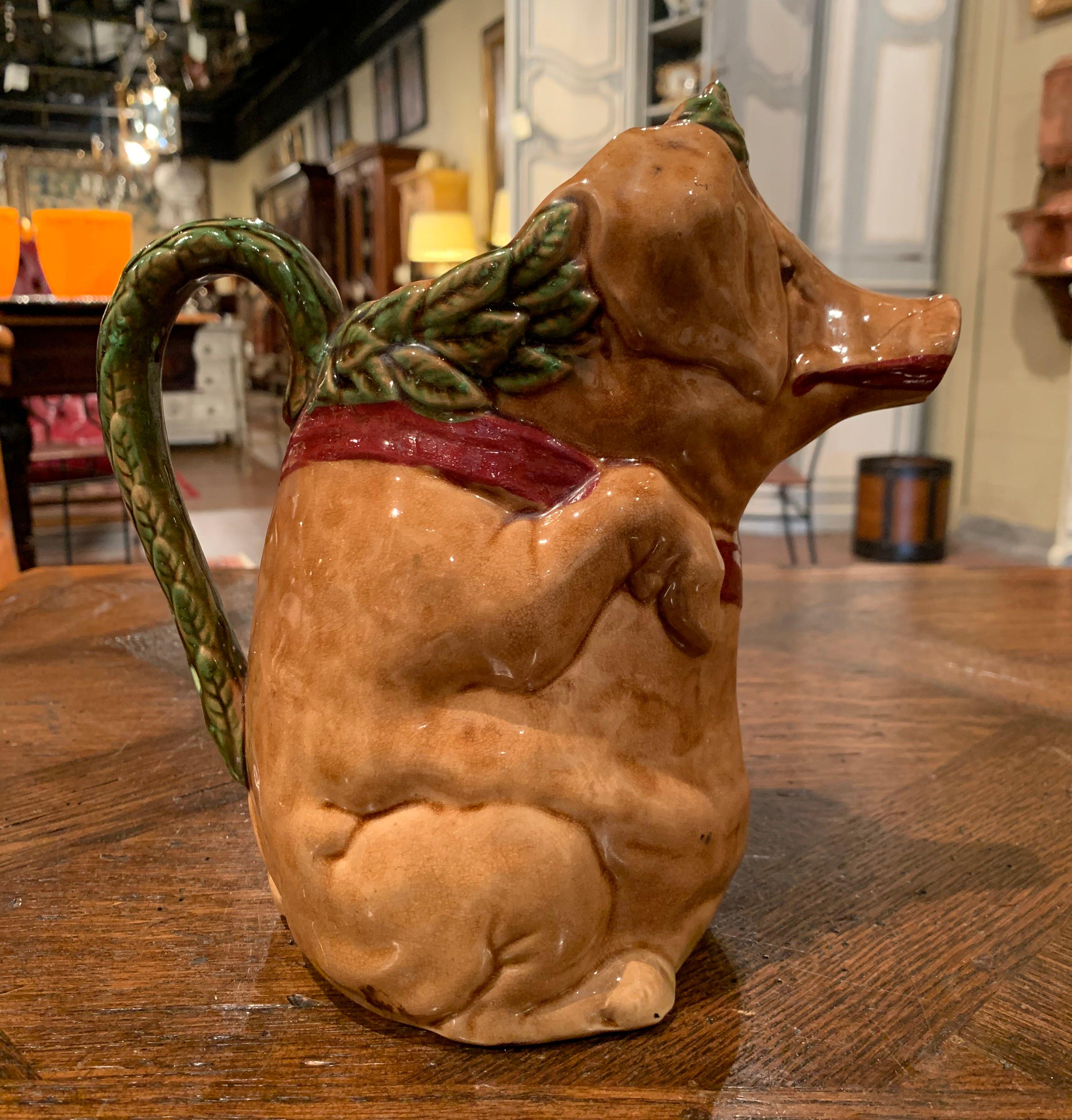 19th Century French Hand Painted Ceramic Barbotine Pig Pitcher Onnaing Style In Excellent Condition In Dallas, TX