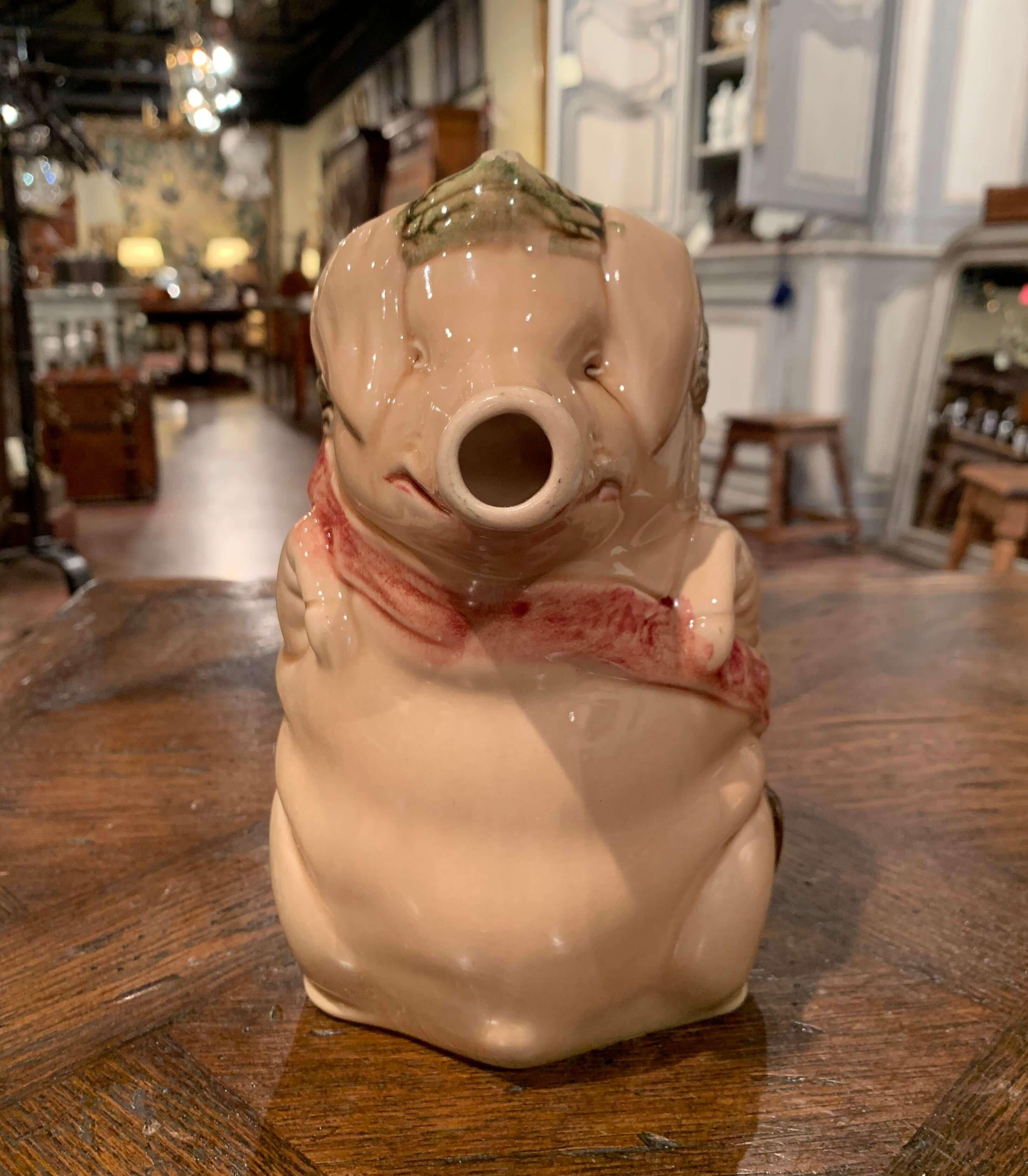 19. Jahrhundert Französisch Hand gemalt Keramik Barbotine Schwein Krug Onnaing Stil im Zustand „Hervorragend“ im Angebot in Dallas, TX