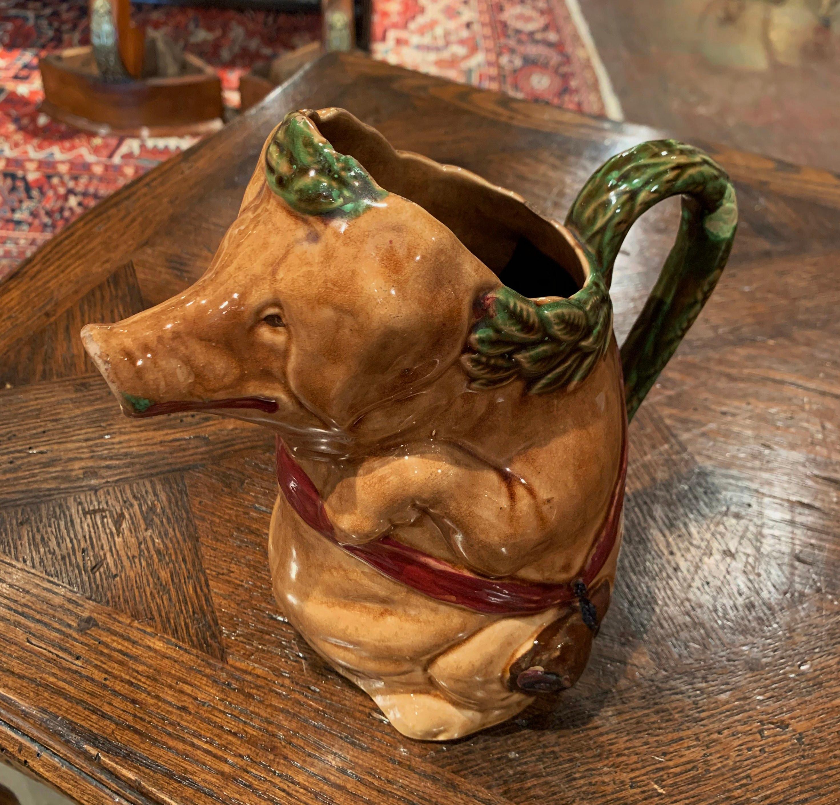 19th Century French Hand Painted Ceramic Barbotine Pig Pitcher Onnaing Style 3