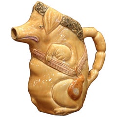 19th Century French Hand Painted Ceramic Barbotine Pig Pitcher Onnaing Style