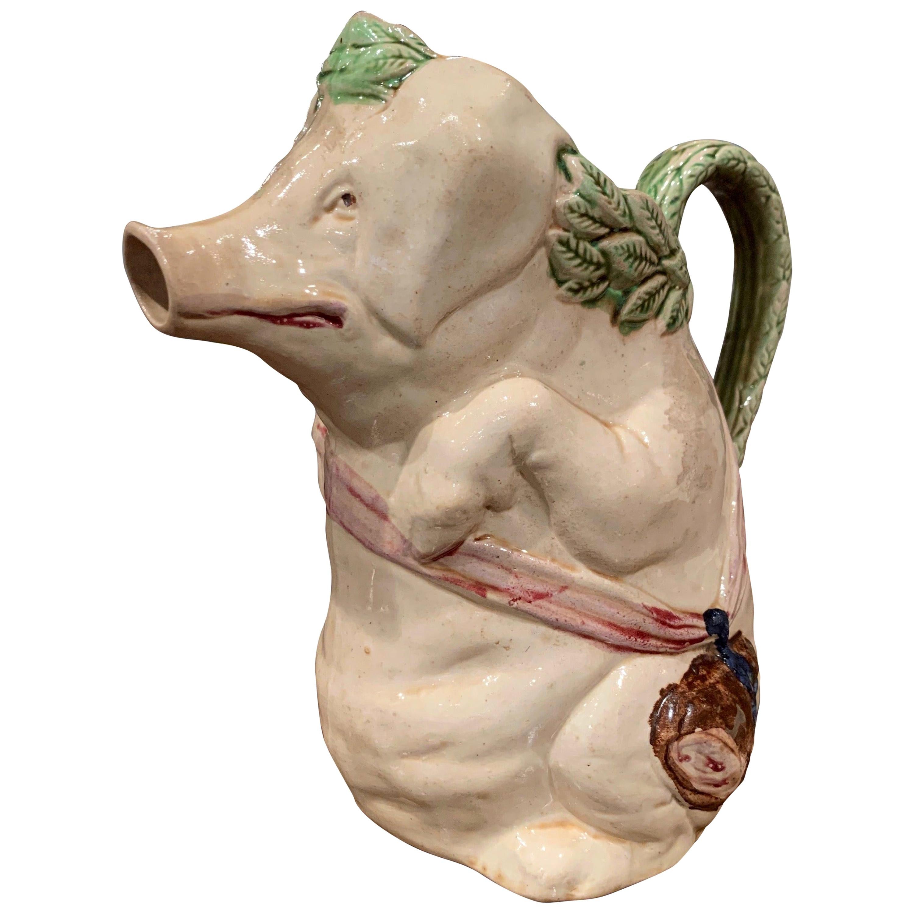 19th Century French Hand Painted Ceramic Barbotine Pig Pitcher Onnaing Style For Sale