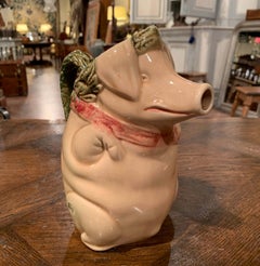 19. Jahrhundert Französisch Hand gemalt Keramik Barbotine Schwein Krug Onnaing Stil