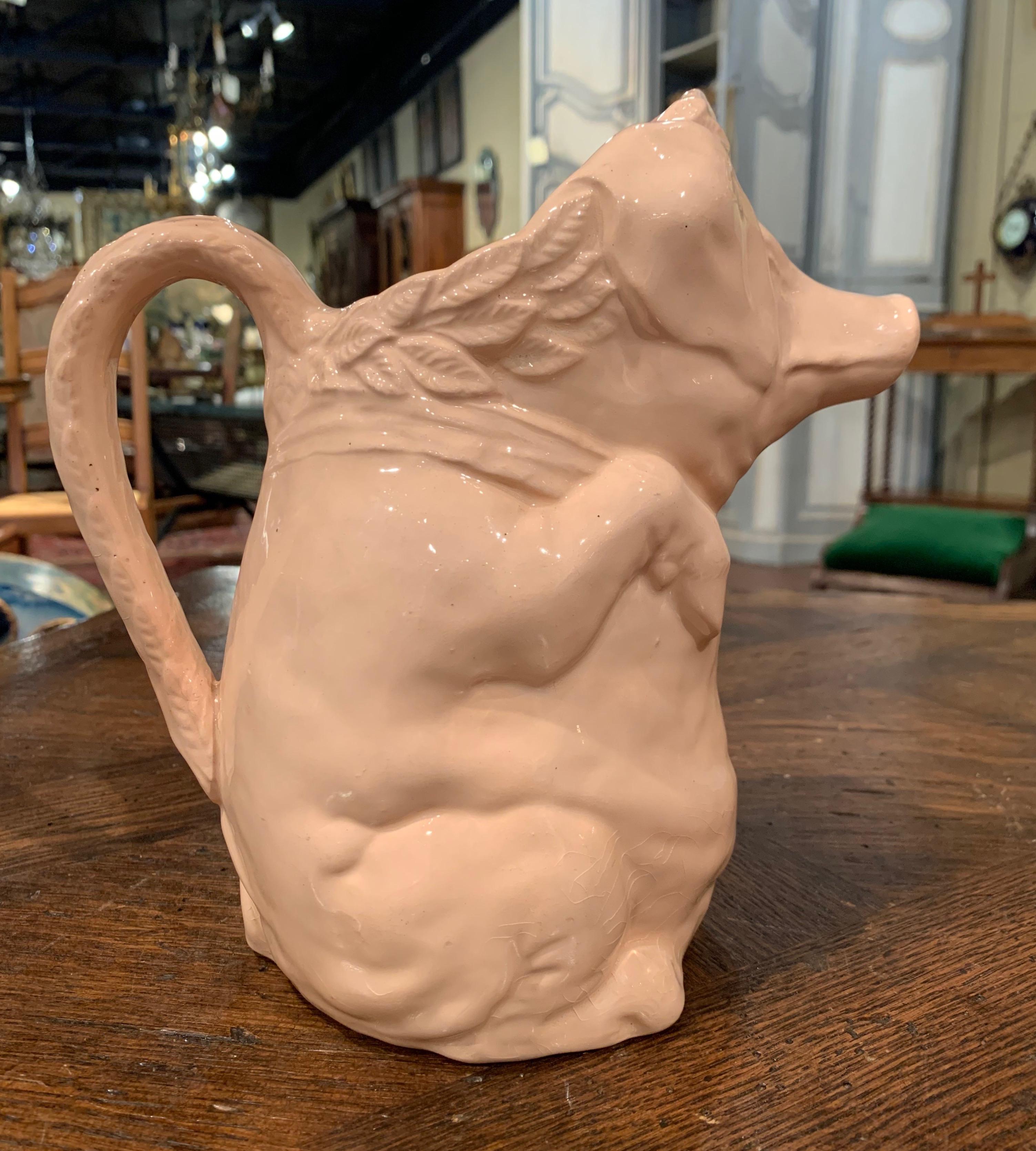 Hand-Crafted 19th Century French Hand Painted Ceramic Barbotine Pig Pitcher Signed Onnaing For Sale