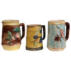 19th Century French Hand Painted Ceramic Barbotine Pitchers Mugs, Set of Three