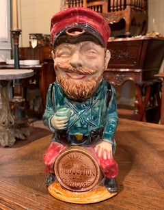 Pichet Barbotine Soldier en céramique peinte à la main du 19ème siècle par Onnaing