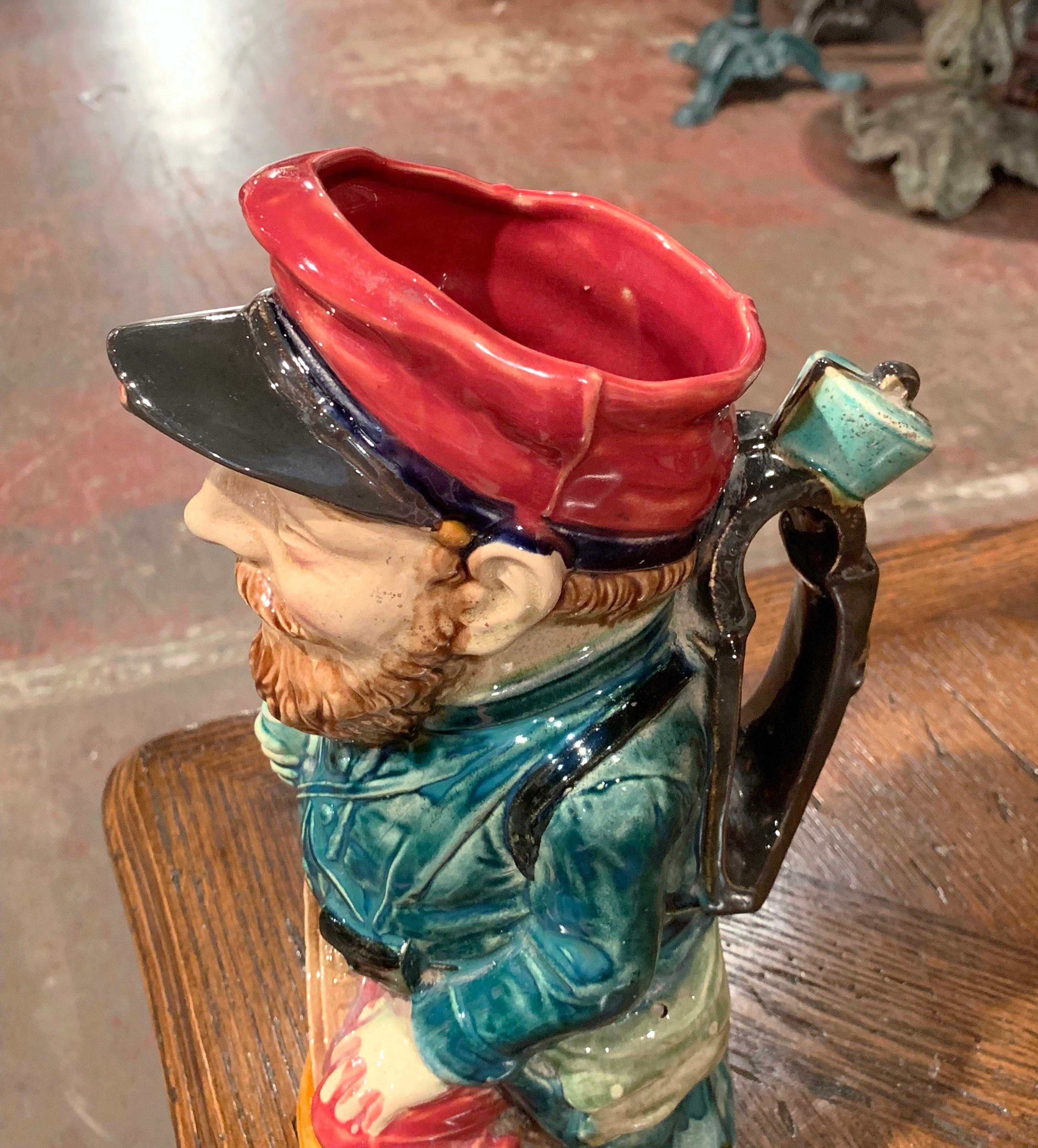 19th Century French Hand Painted Ceramic Barbotine Soldier Pitcher by Onnaing In Excellent Condition For Sale In Dallas, TX