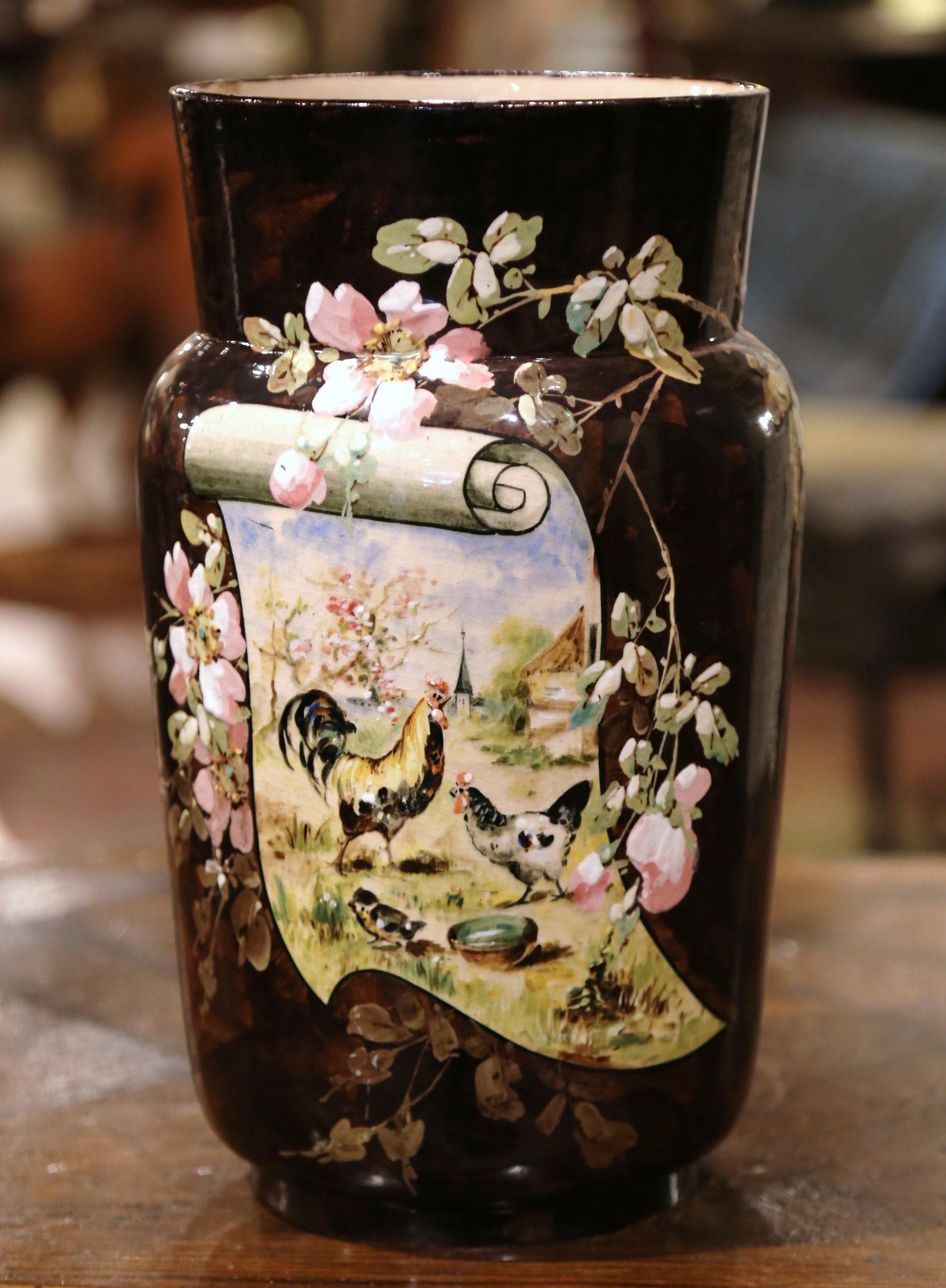 Hand-Painted 19th Century French Hand Painted Ceramic Barbotine Vase Stamped T. LeFront For Sale
