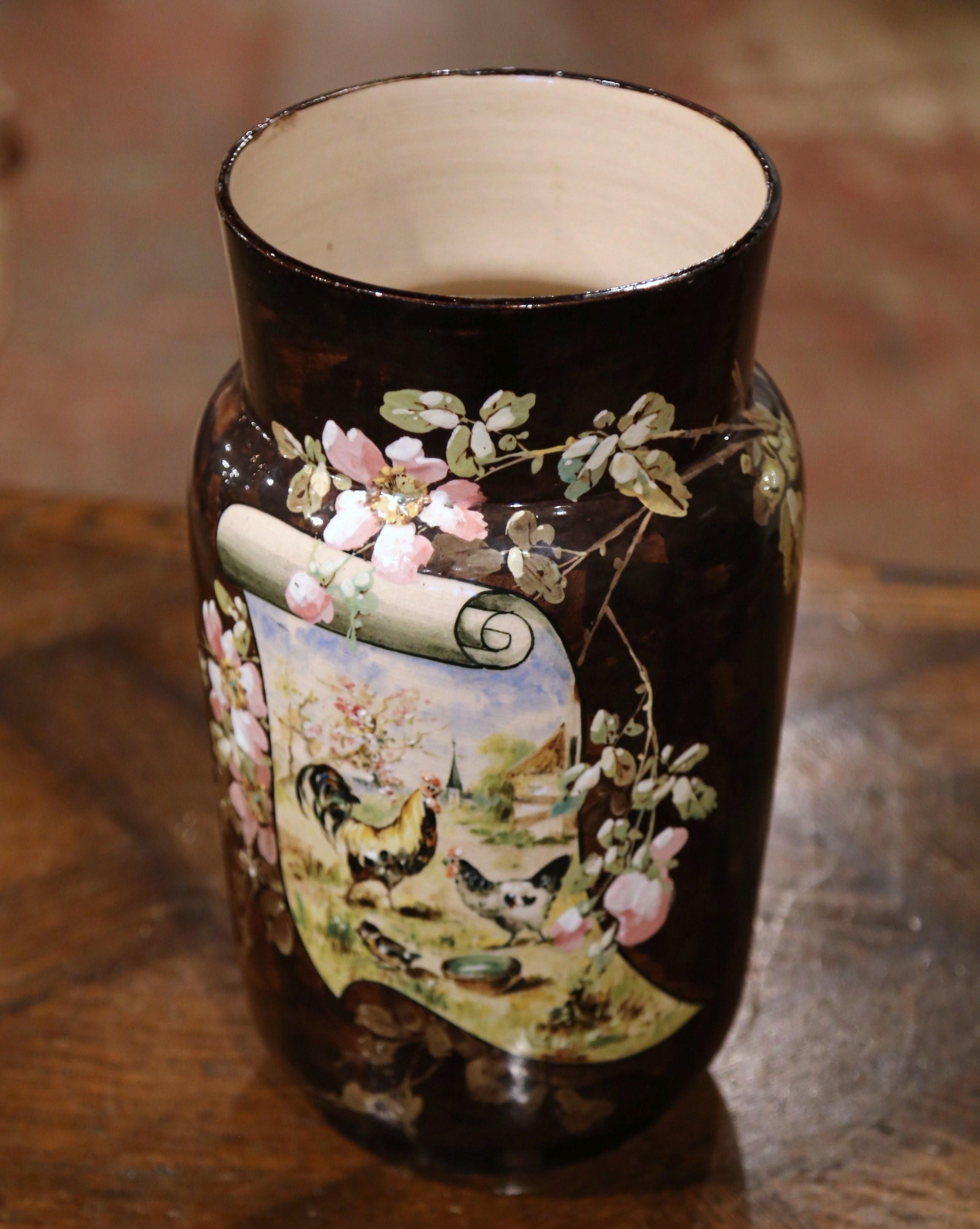 19th Century French Hand Painted Ceramic Barbotine Vase Stamped T. LeFront In Excellent Condition For Sale In Dallas, TX