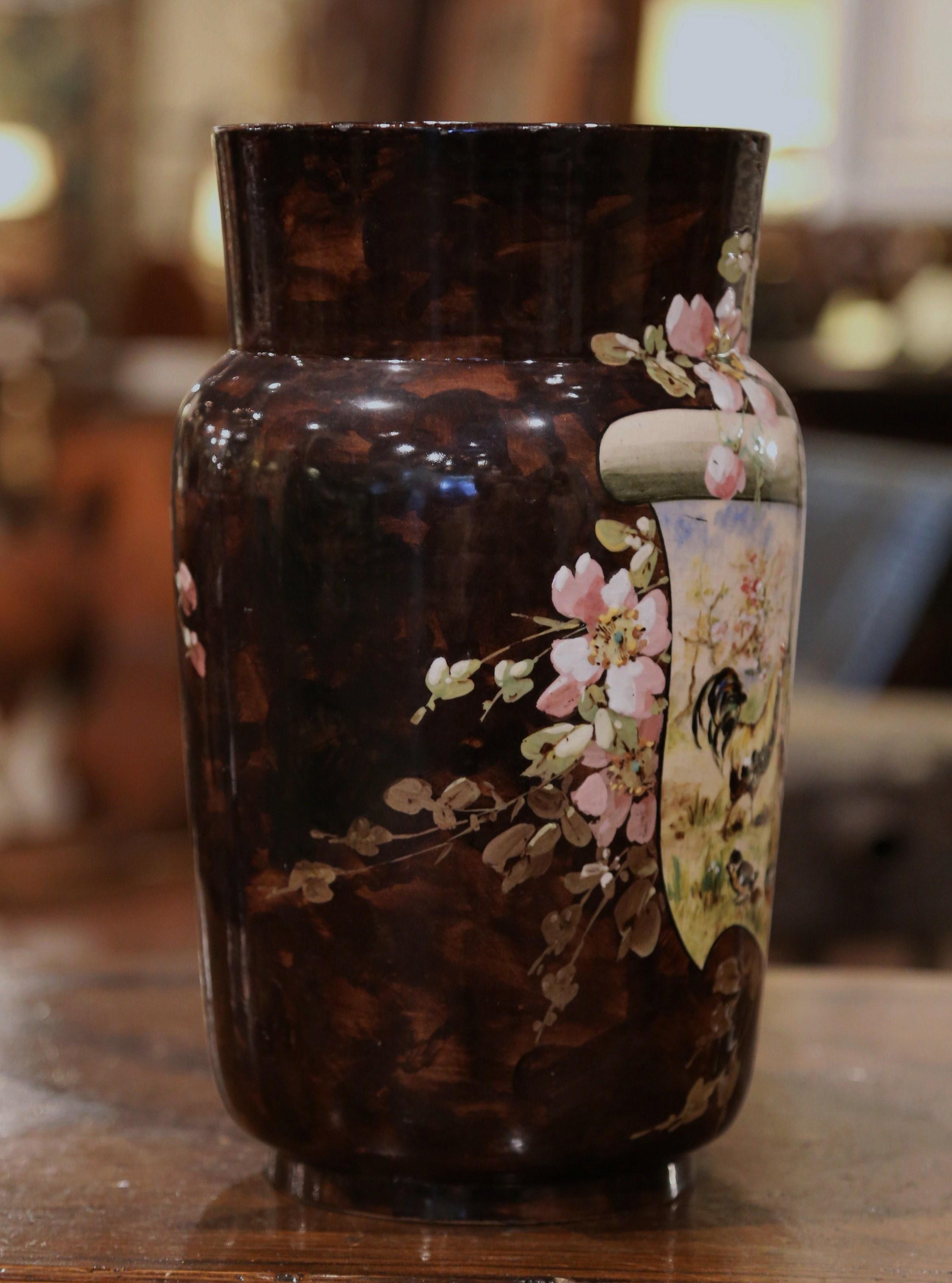 19th Century French Hand Painted Ceramic Barbotine Vase Stamped T. LeFront For Sale 2
