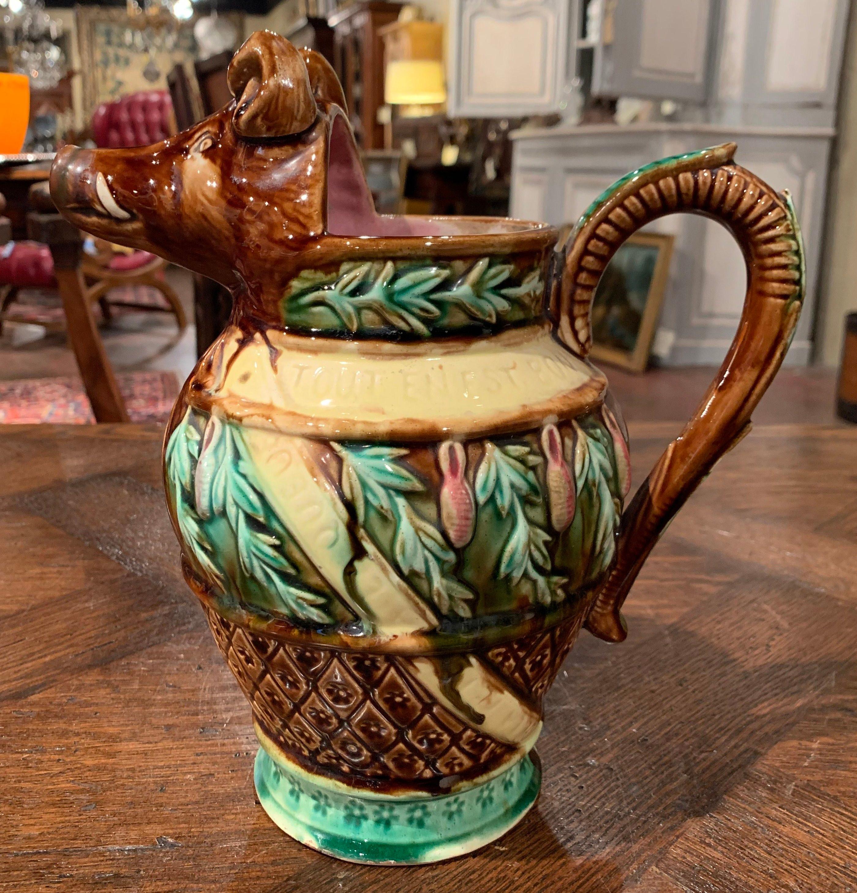 Hand-Crafted 19th Century French Hand Painted Ceramic Barbotine Wild Boar Pitcher