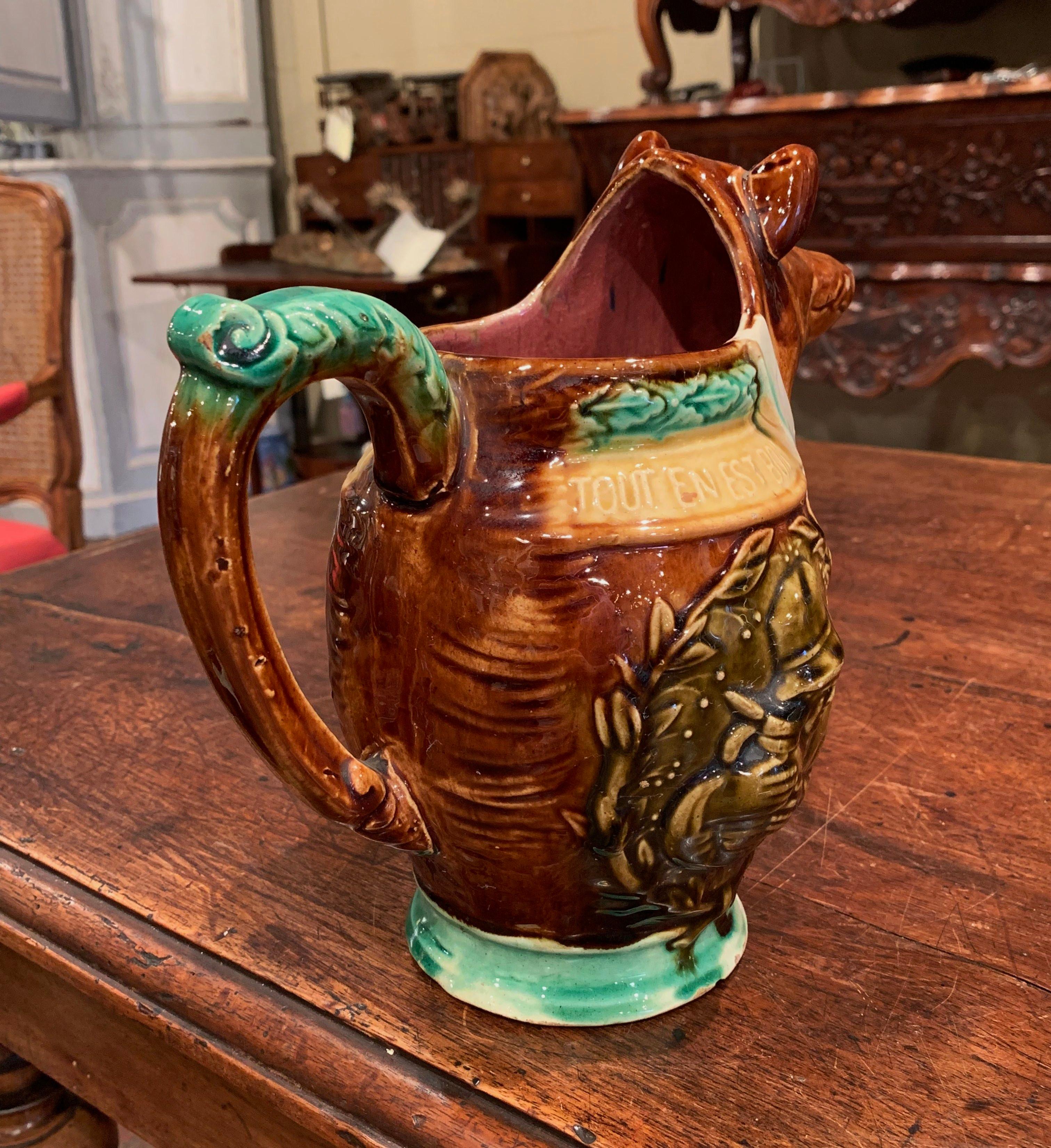 Hand-Crafted 19th Century French Hand Painted Ceramic Barbotine Wild Boar Pitcher
