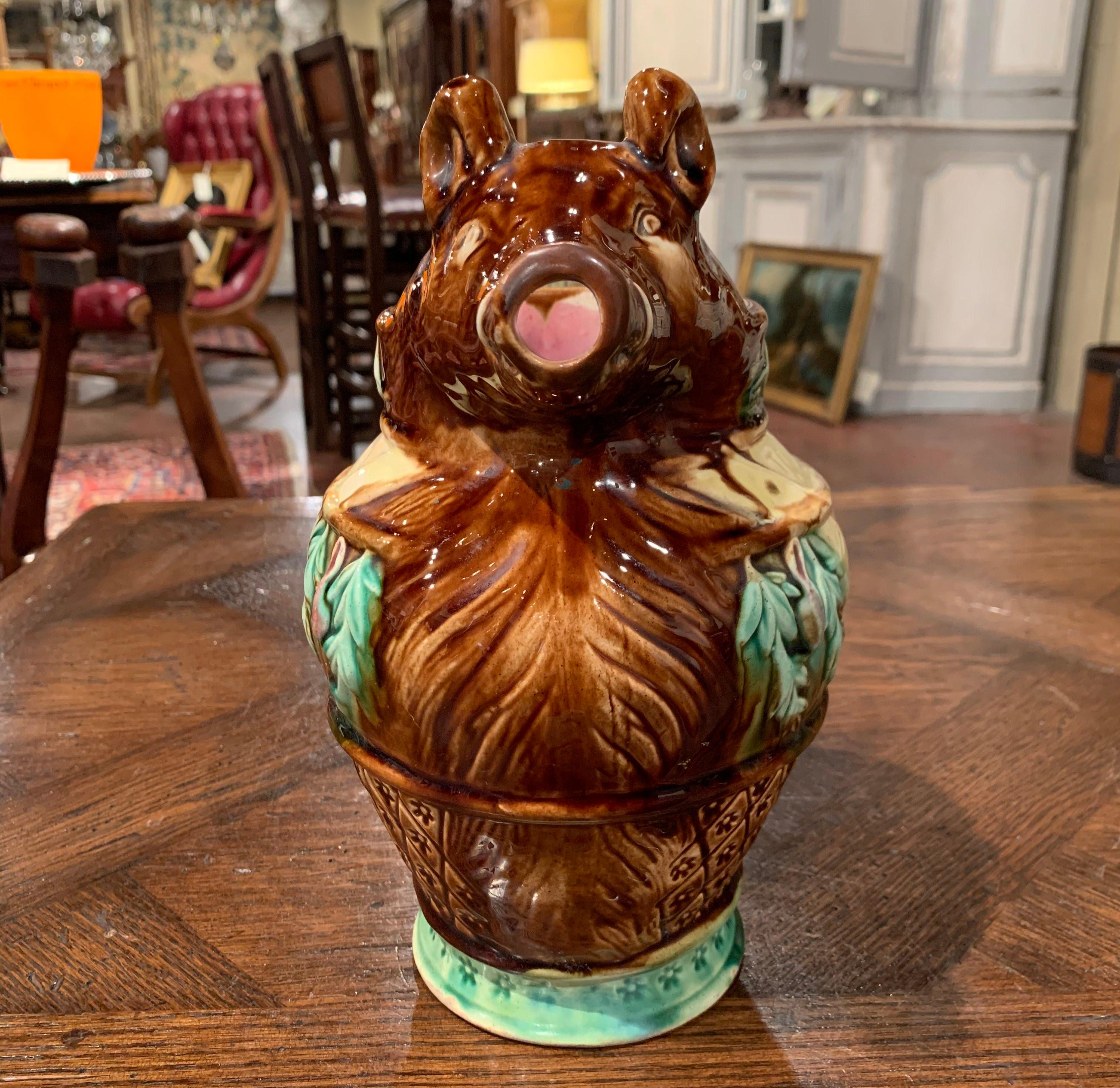 19th Century French Hand Painted Ceramic Barbotine Wild Boar Pitcher In Good Condition In Dallas, TX
