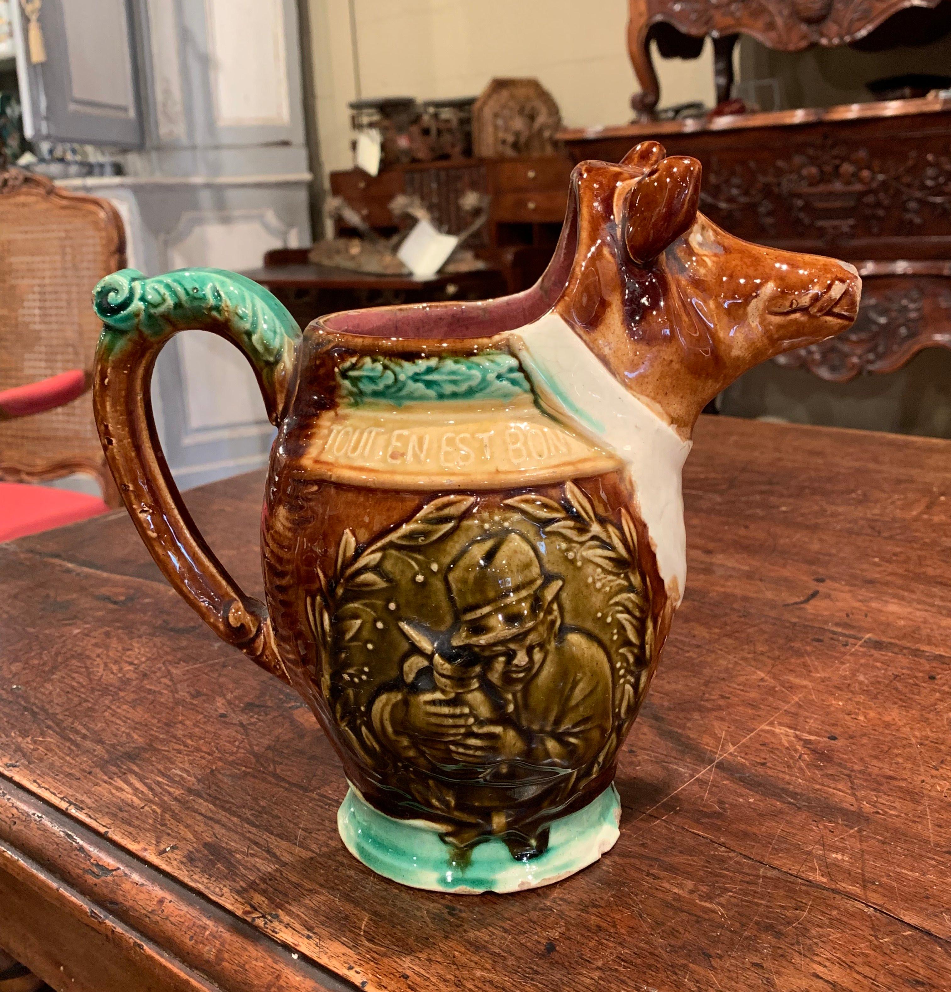 19th Century French Hand Painted Ceramic Barbotine Wild Boar Pitcher In Good Condition In Dallas, TX