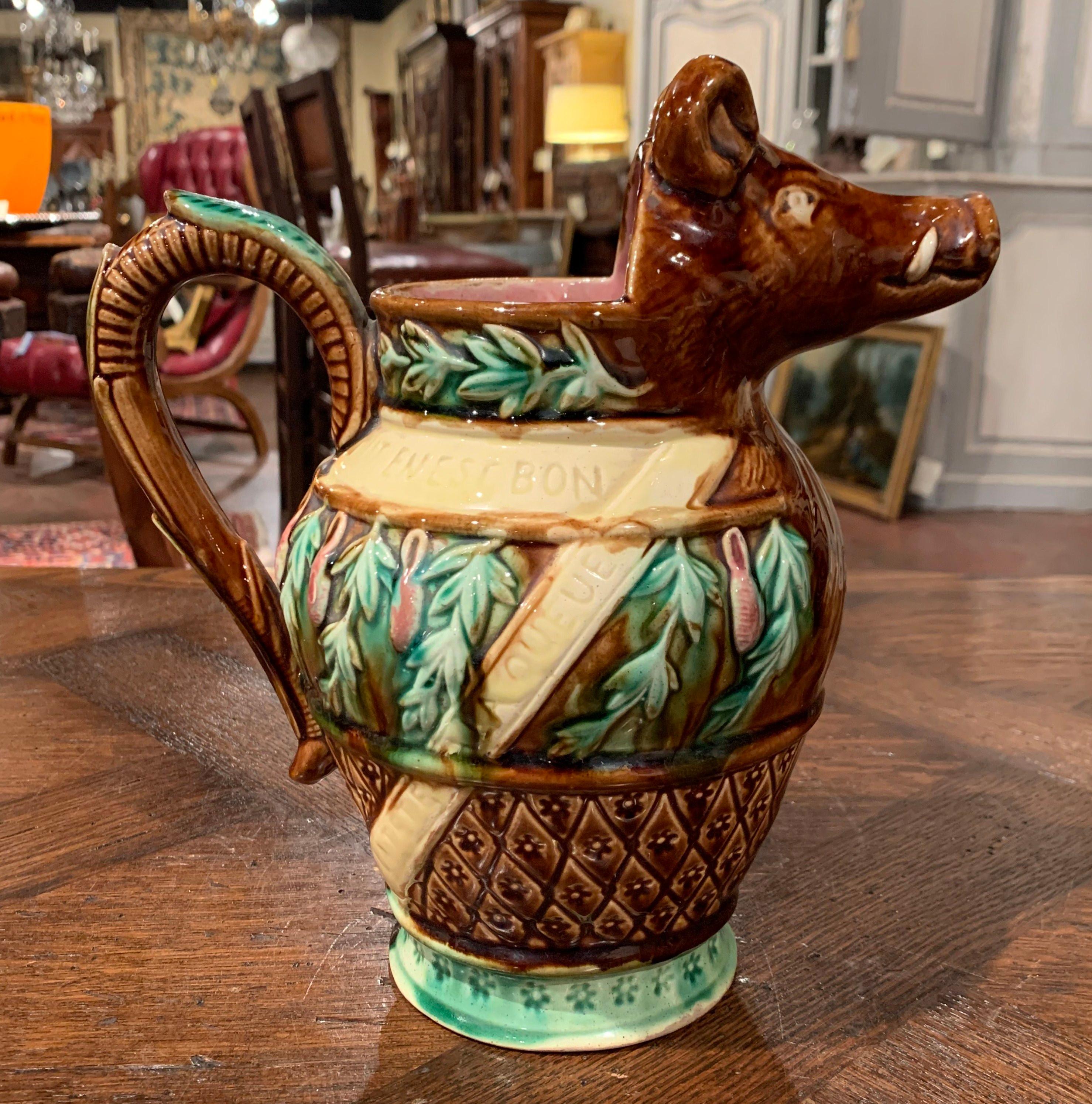 19th Century French Hand Painted Ceramic Barbotine Wild Boar Pitcher 1