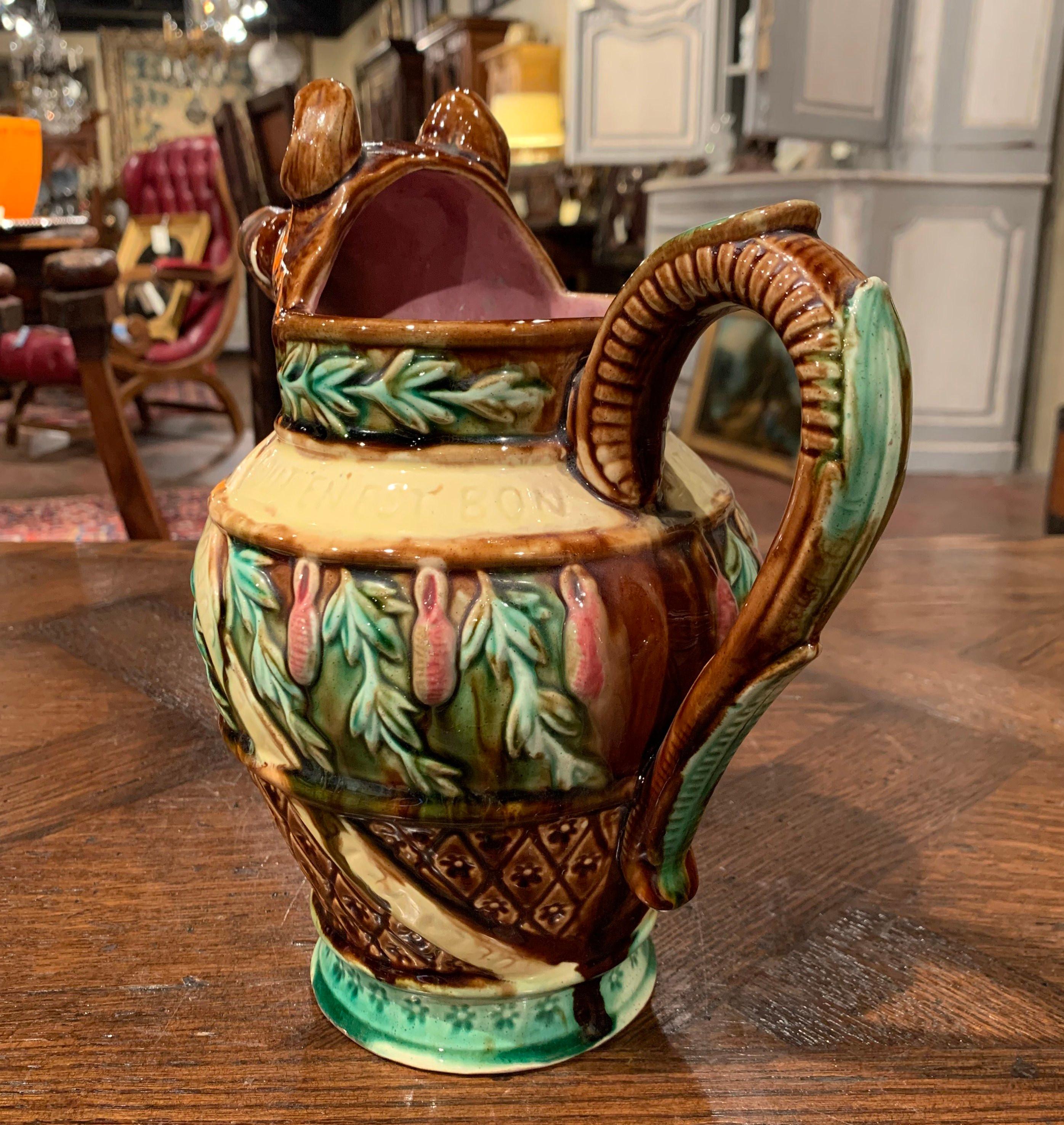 19th Century French Hand Painted Ceramic Barbotine Wild Boar Pitcher 2