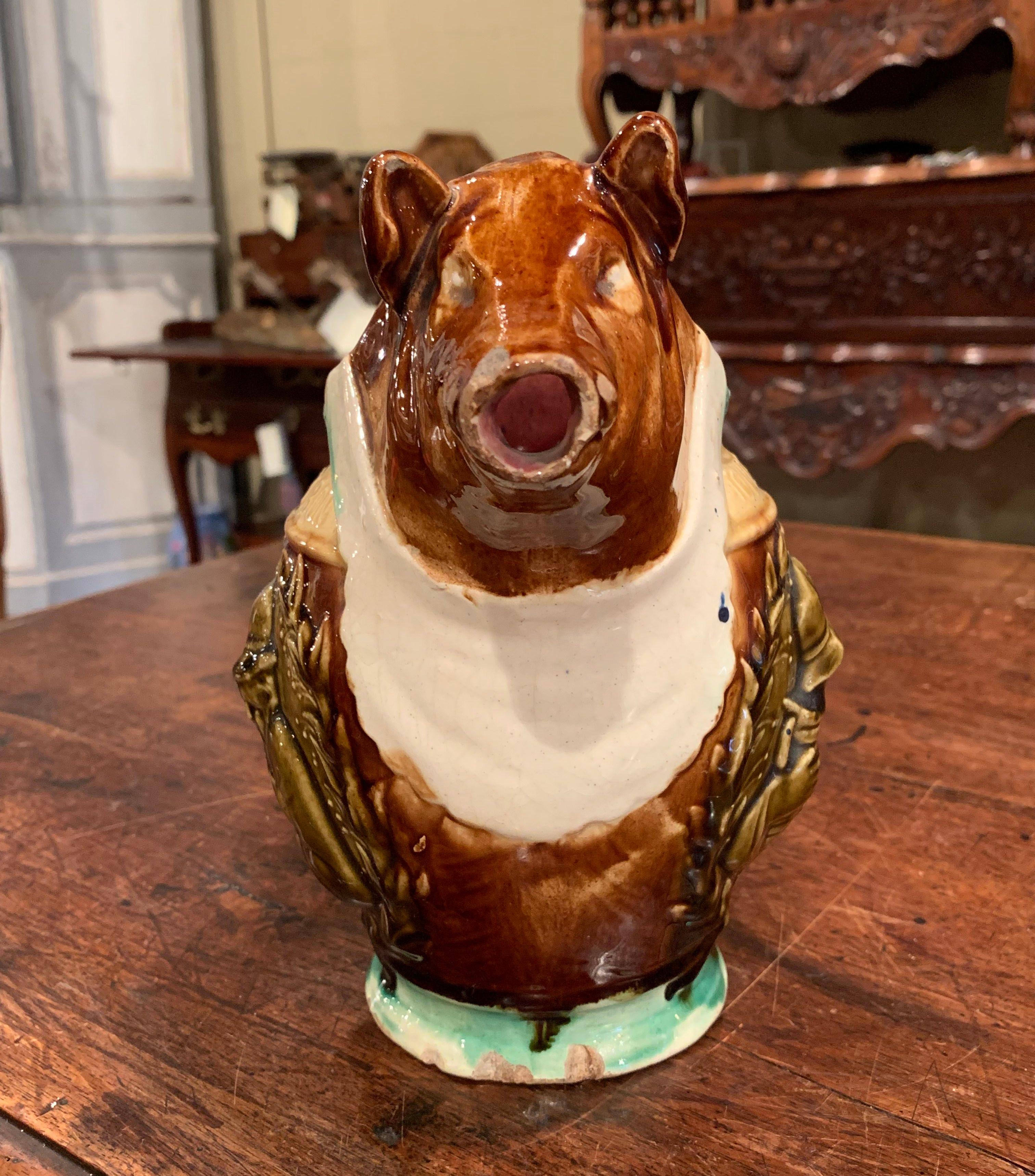 19th Century French Hand Painted Ceramic Barbotine Wild Boar Pitcher 2