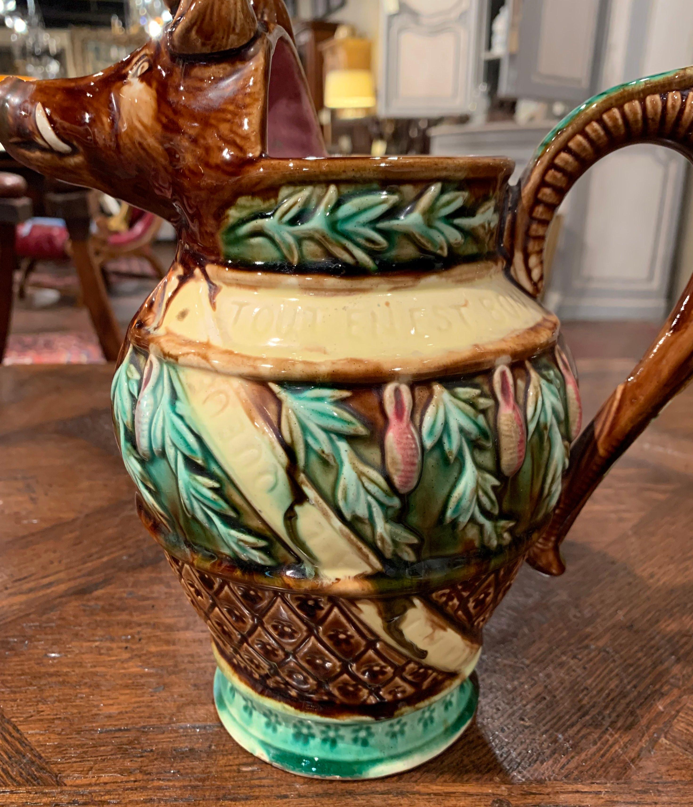 19th Century French Hand Painted Ceramic Barbotine Wild Boar Pitcher 3
