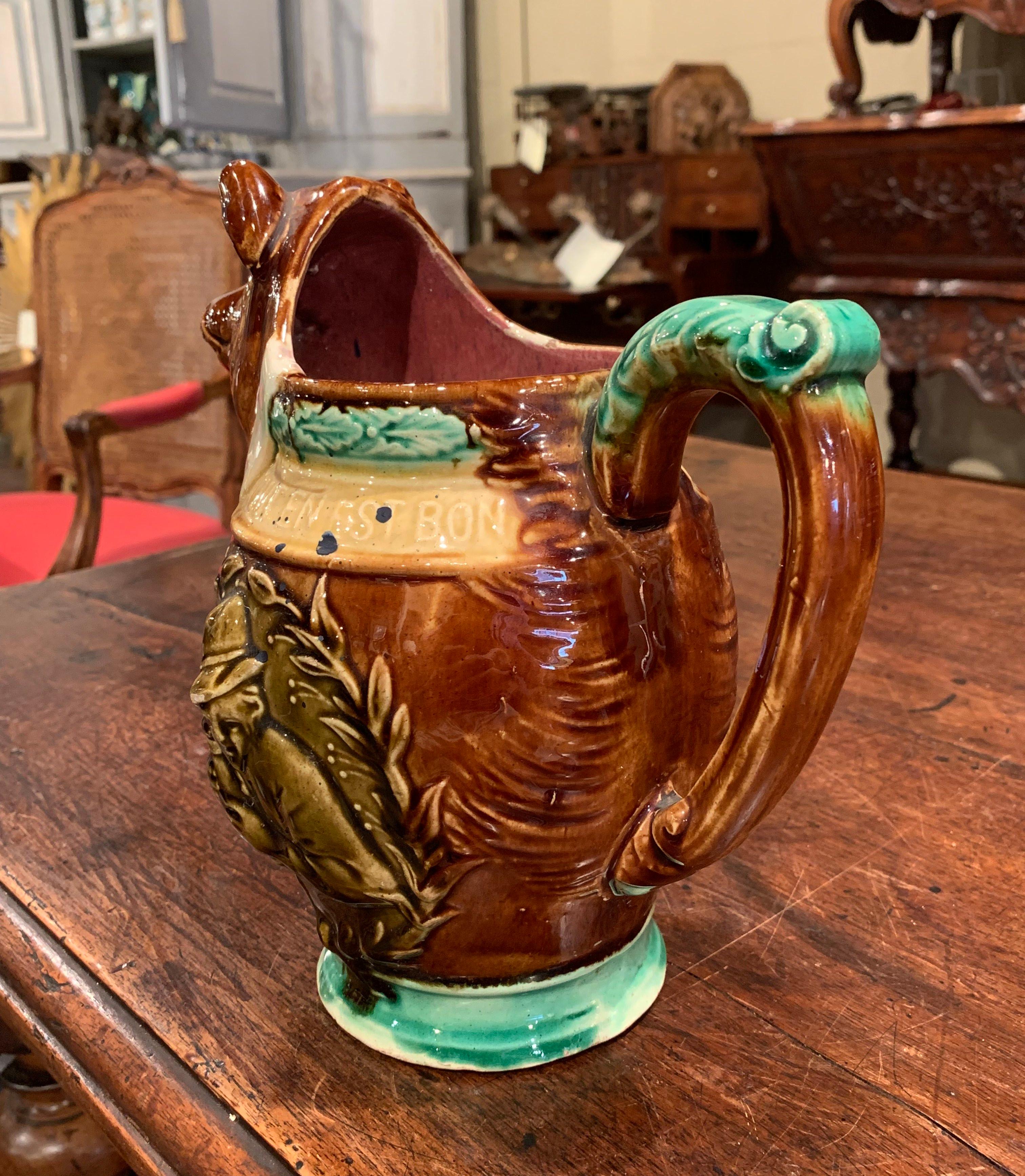 19th Century French Hand Painted Ceramic Barbotine Wild Boar Pitcher 3