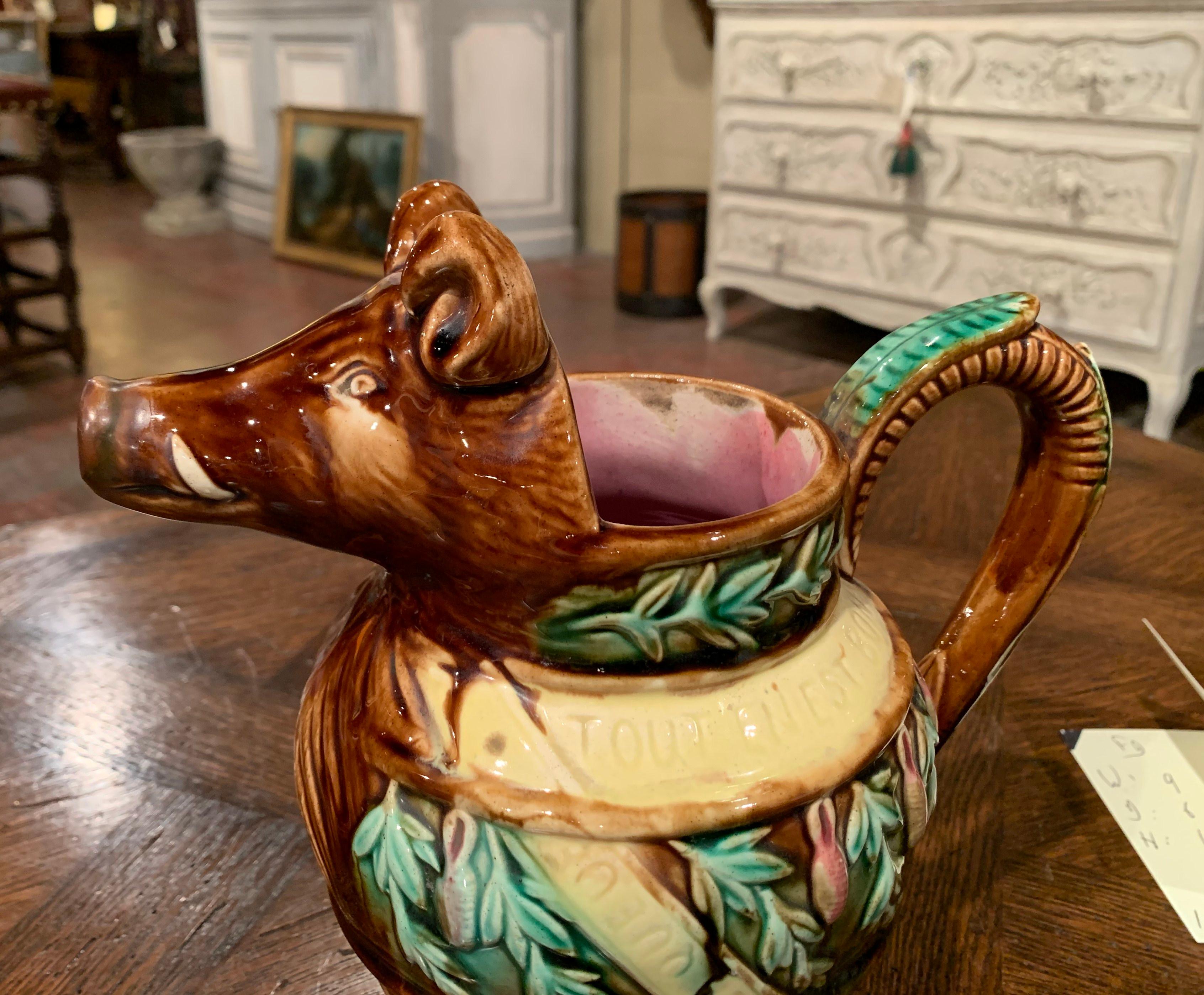 19th Century French Hand Painted Ceramic Barbotine Wild Boar Pitcher 4