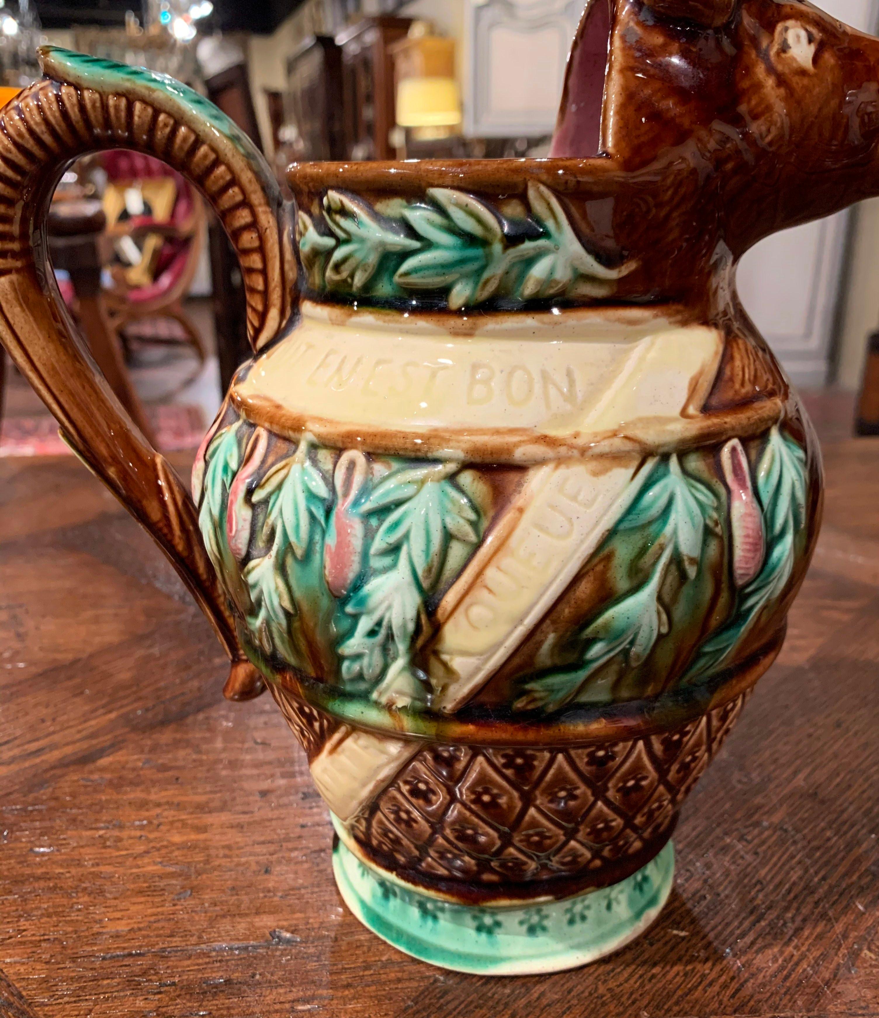 19th Century French Hand Painted Ceramic Barbotine Wild Boar Pitcher 5