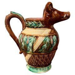 19th Century French Hand Painted Ceramic Barbotine Wild Boar Pitcher