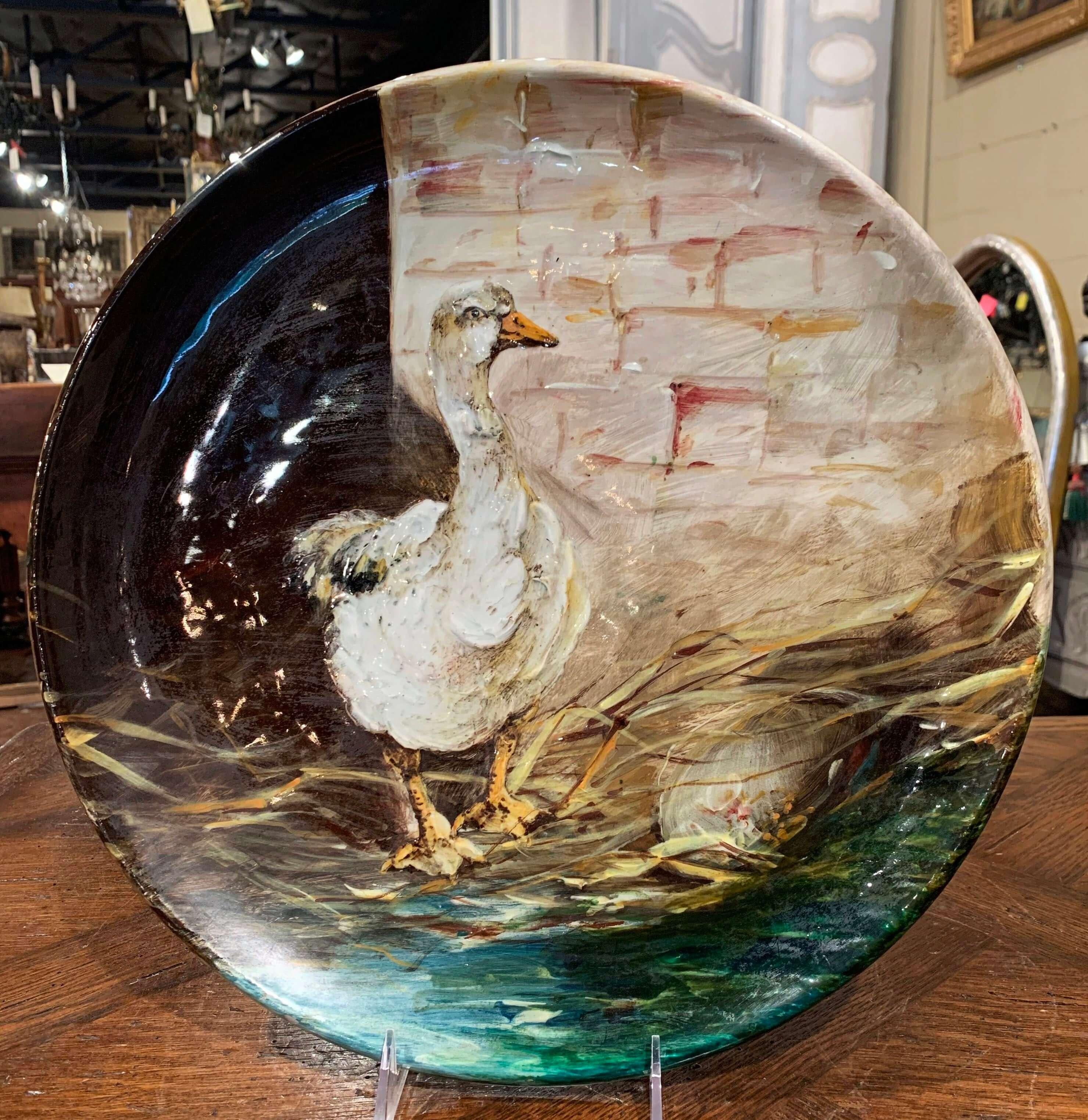 19th Century French Hand Painted Ceramic Duck Wall Platter Stamped J. Massier For Sale 1