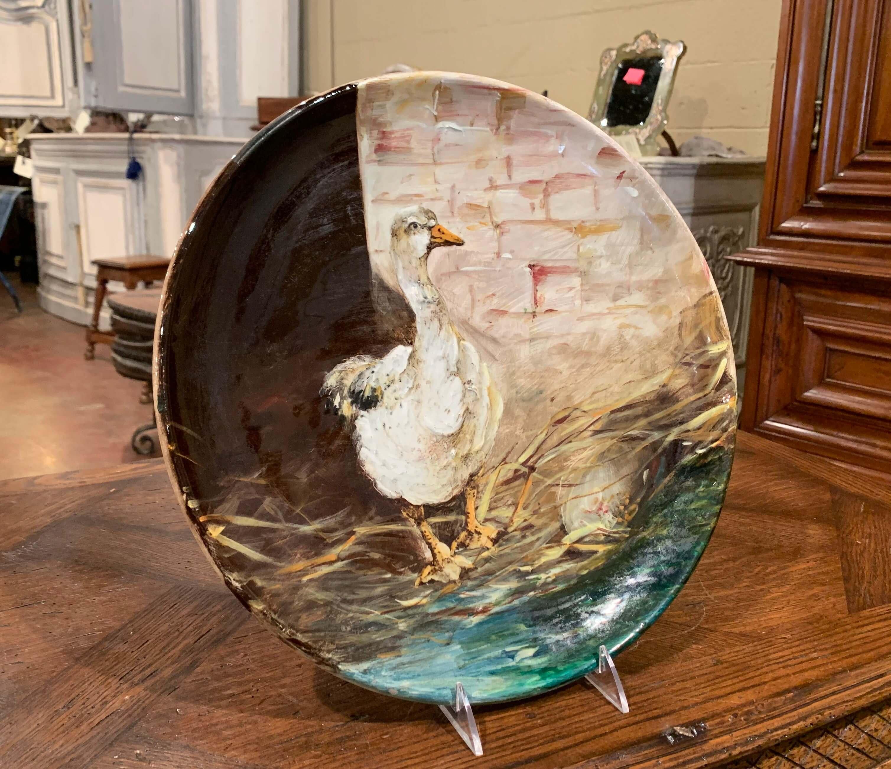 19th Century French Hand Painted Ceramic Duck Wall Platter Stamped J. Massier For Sale 3