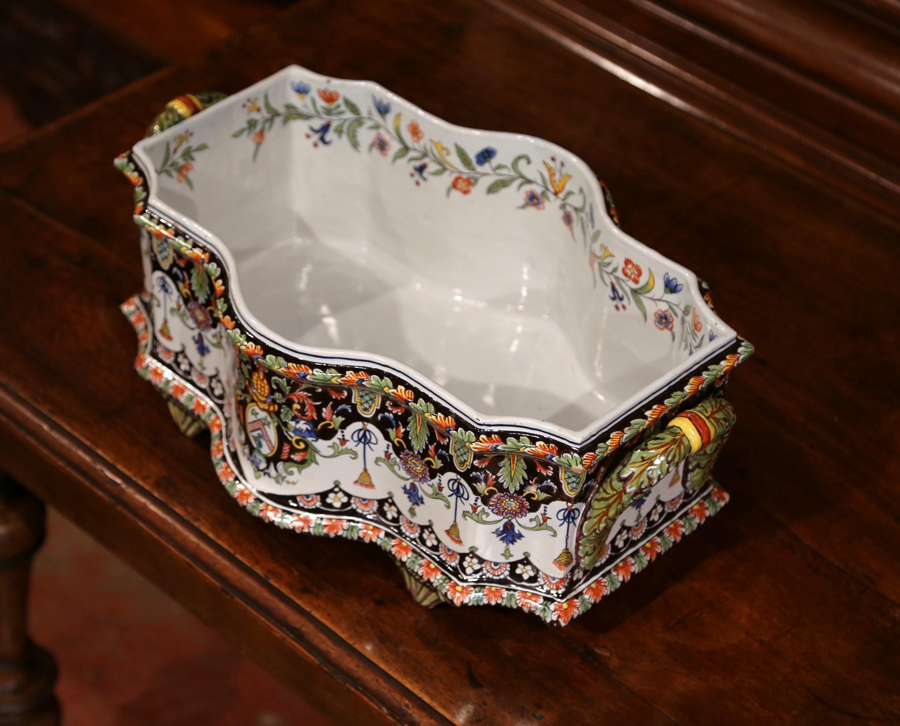 Hand-Painted 19th Century French Hand Painted Faience Bombe Jardinière from Normandy