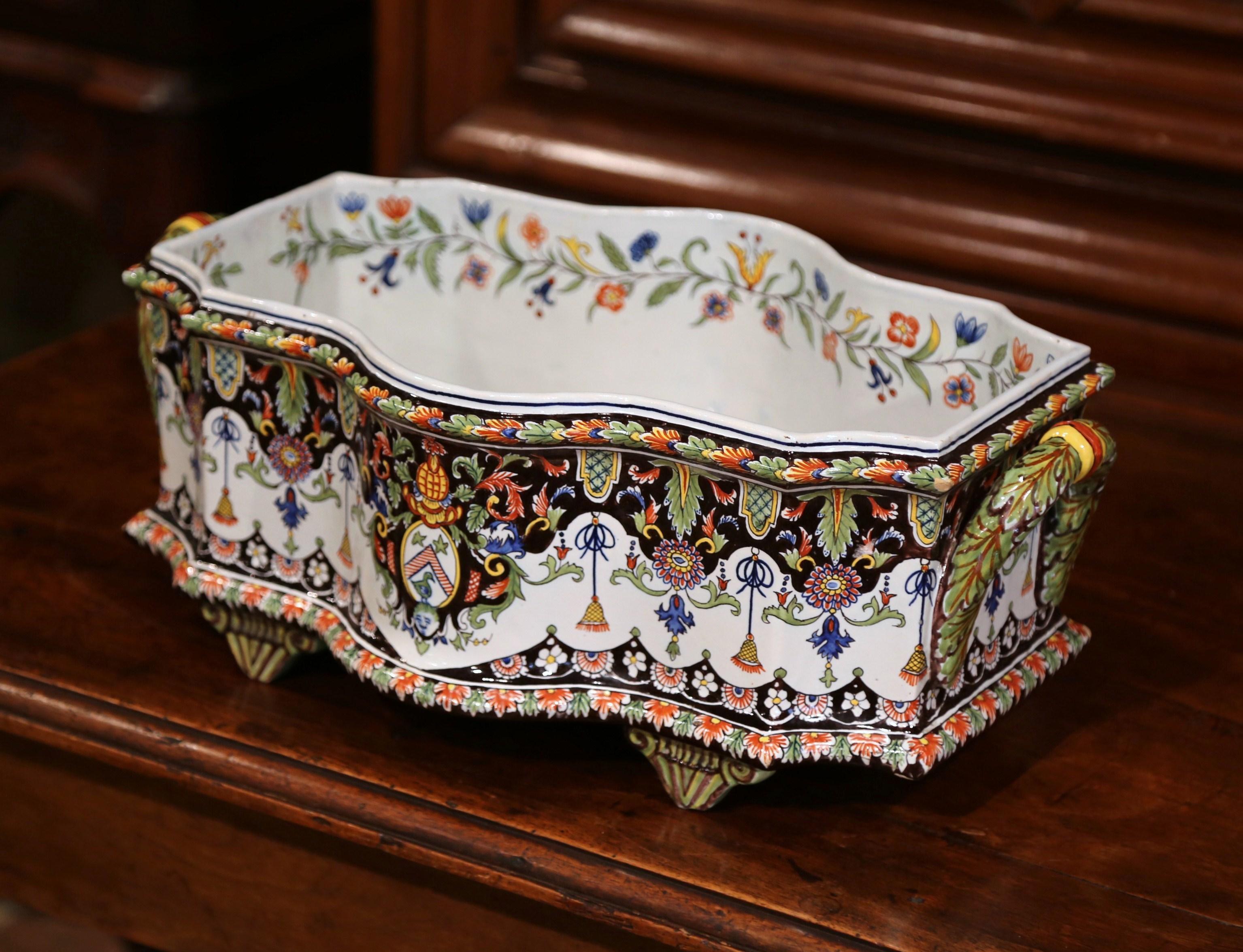 19th Century French Hand Painted Faience Bombe Jardinière from Normandy In Excellent Condition In Dallas, TX