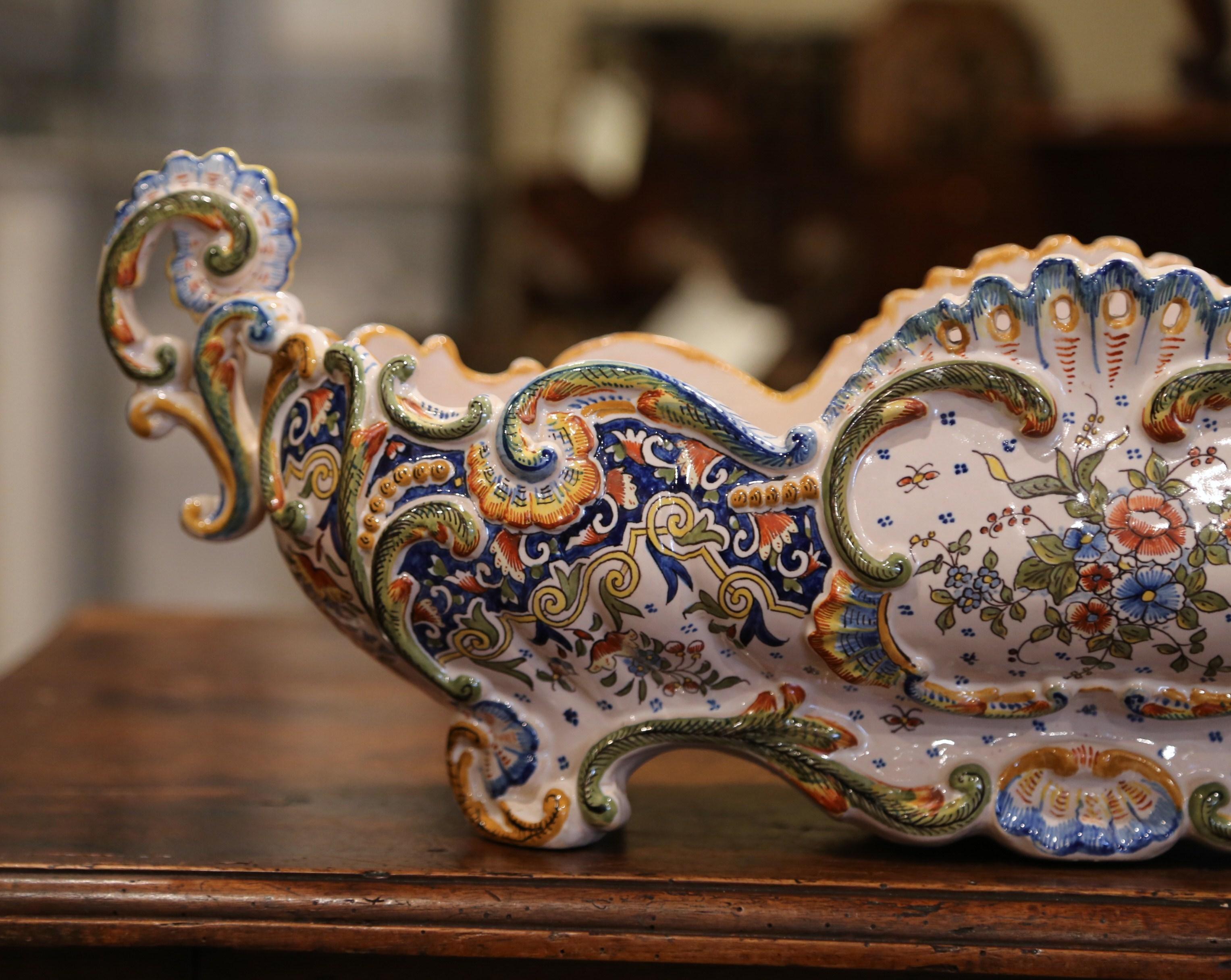 Hand-Crafted 19th Century French Hand Painted Faience Jardinière from Normandy