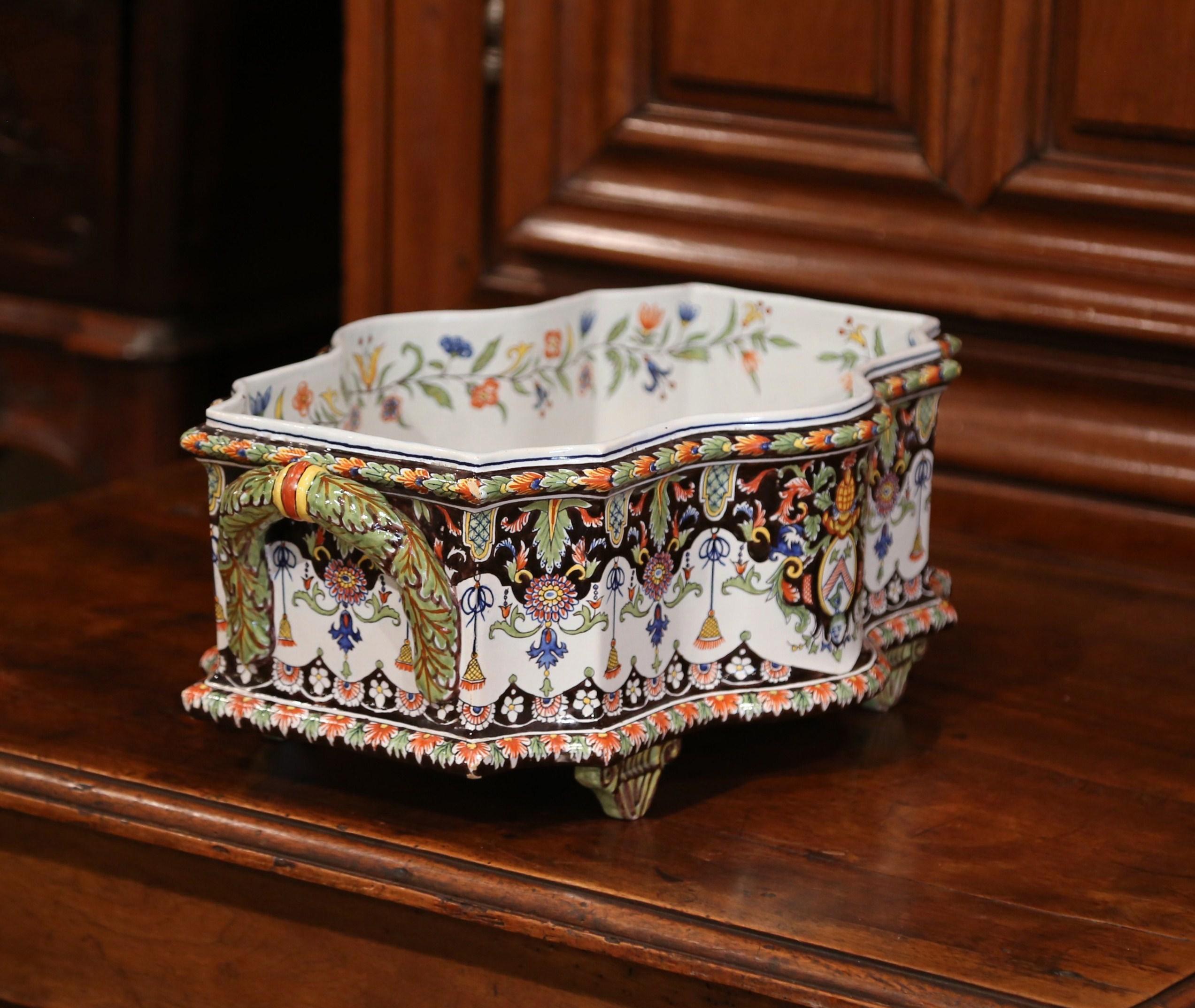 Ceramic 19th Century French Hand Painted Faience Bombe Jardinière from Normandy