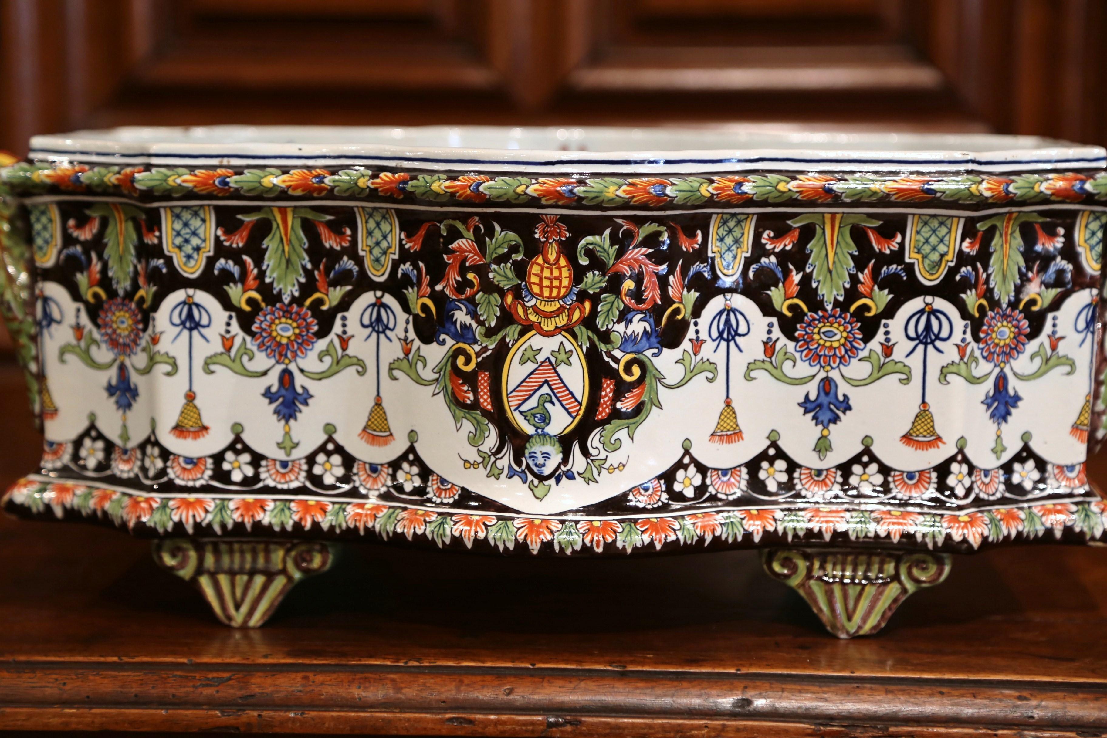 19th Century French Hand Painted Faience Bombe Jardinière from Normandy 3