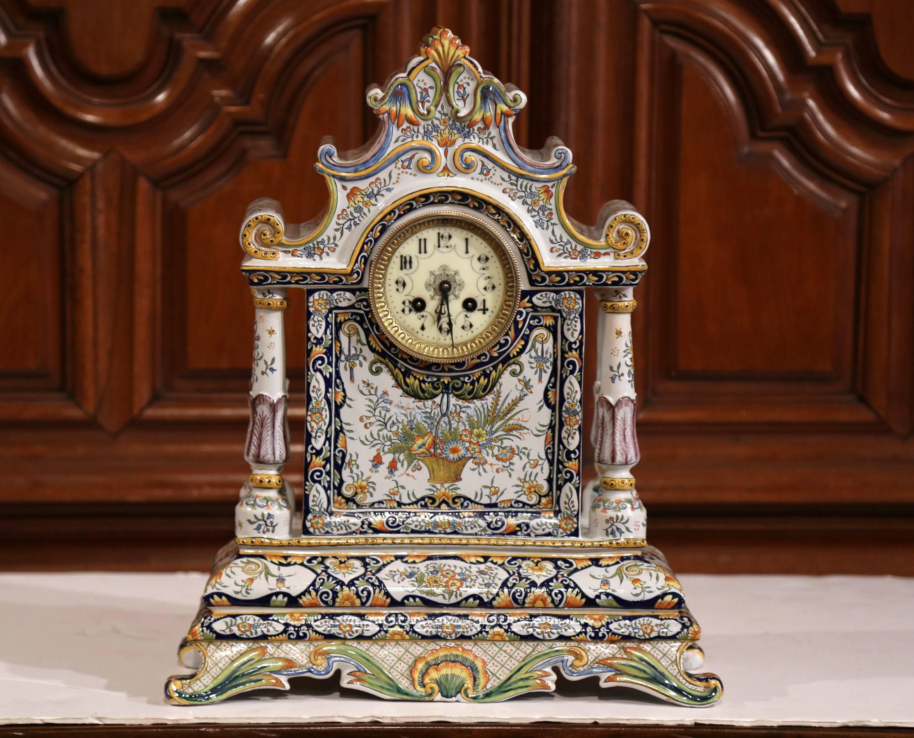 19th Century French Hand Painted Faience Mantel Clock from Rouen In Excellent Condition In Dallas, TX