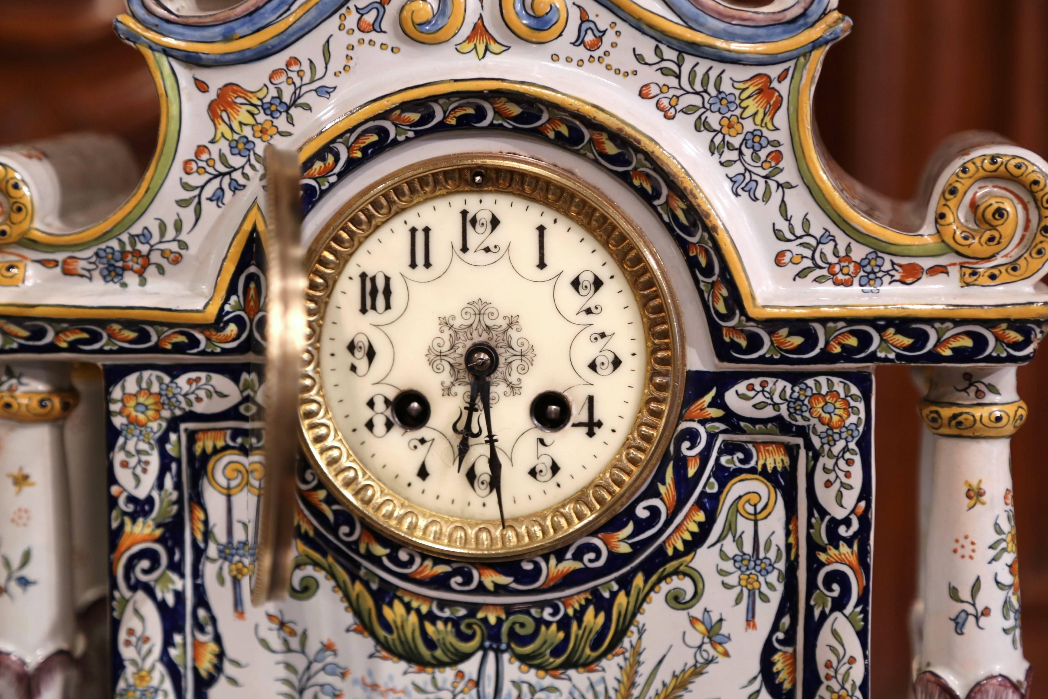 Ceramic 19th Century French Hand Painted Faience Mantel Clock from Rouen