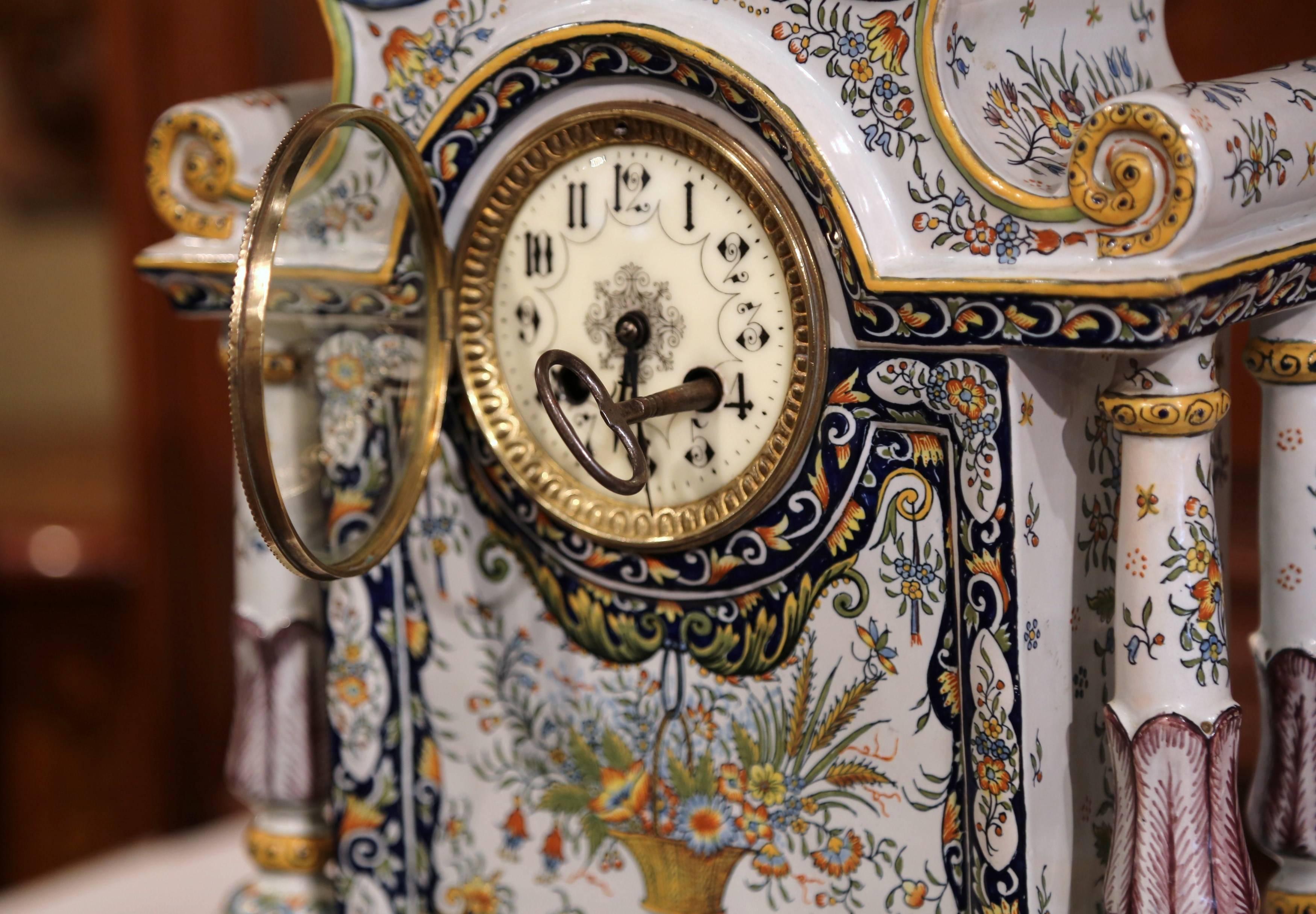 19th Century French Hand Painted Faience Mantel Clock from Rouen 1