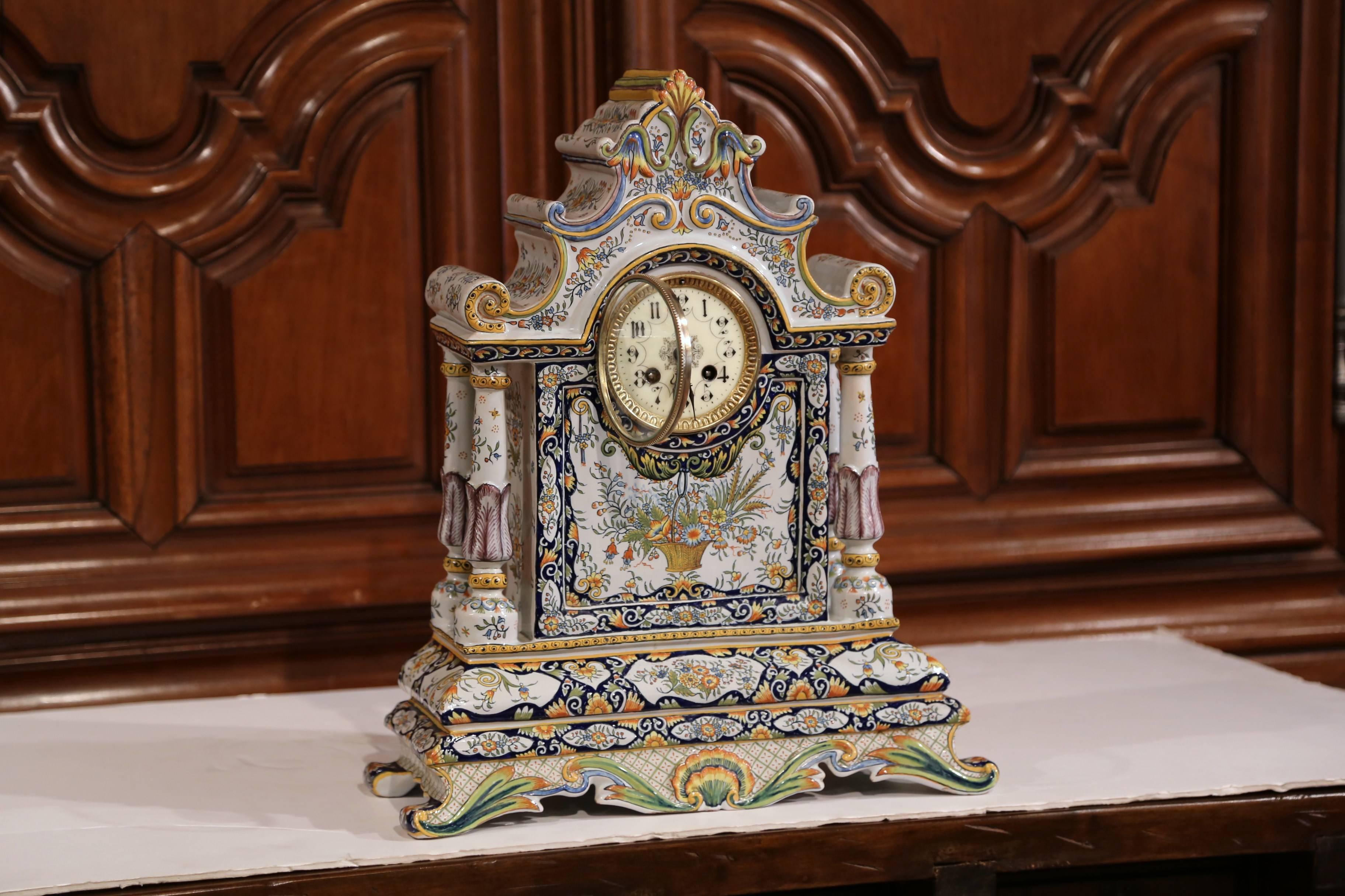 19th Century French Hand Painted Faience Mantel Clock from Rouen 2
