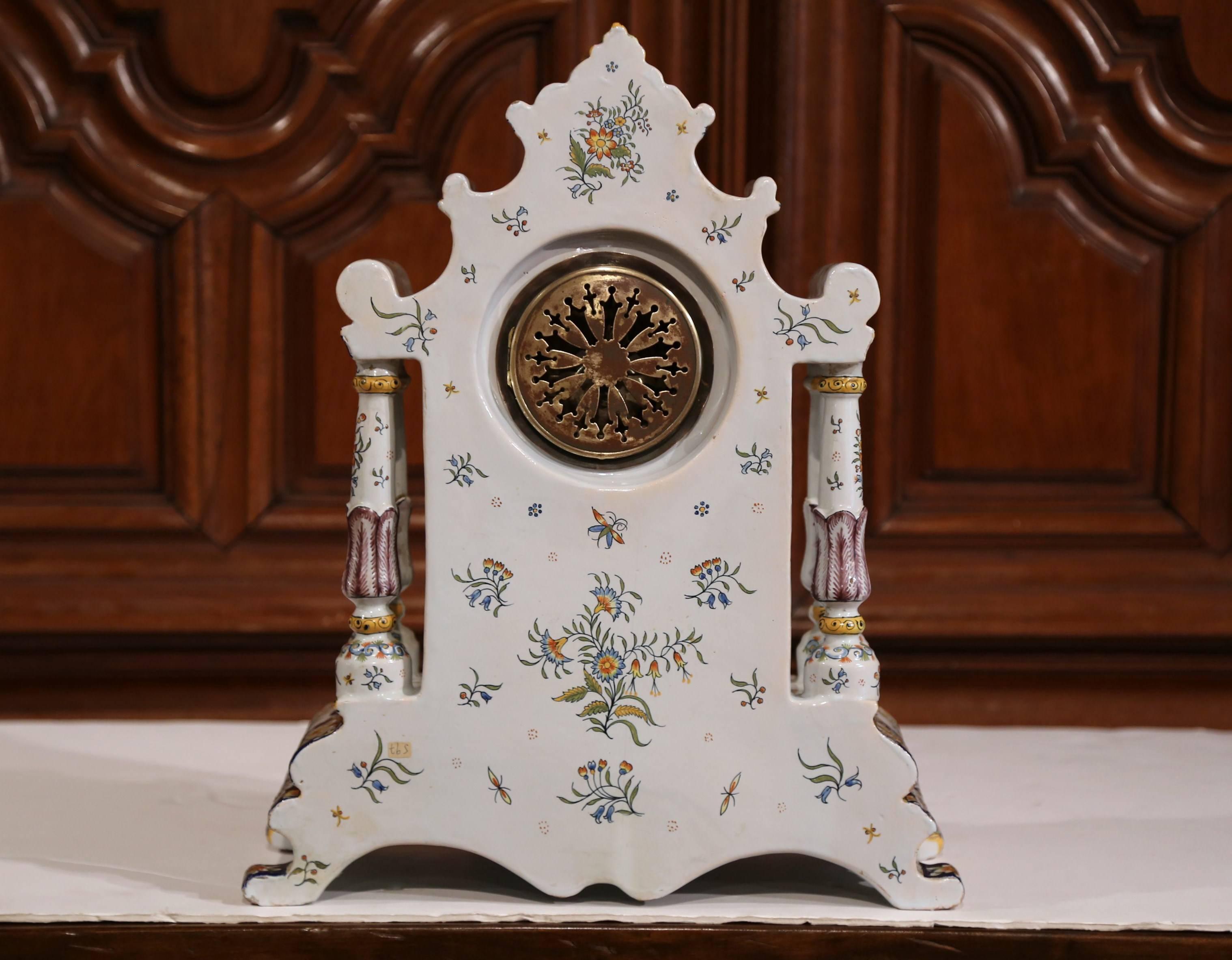 19th Century French Hand Painted Faience Mantel Clock from Rouen 3