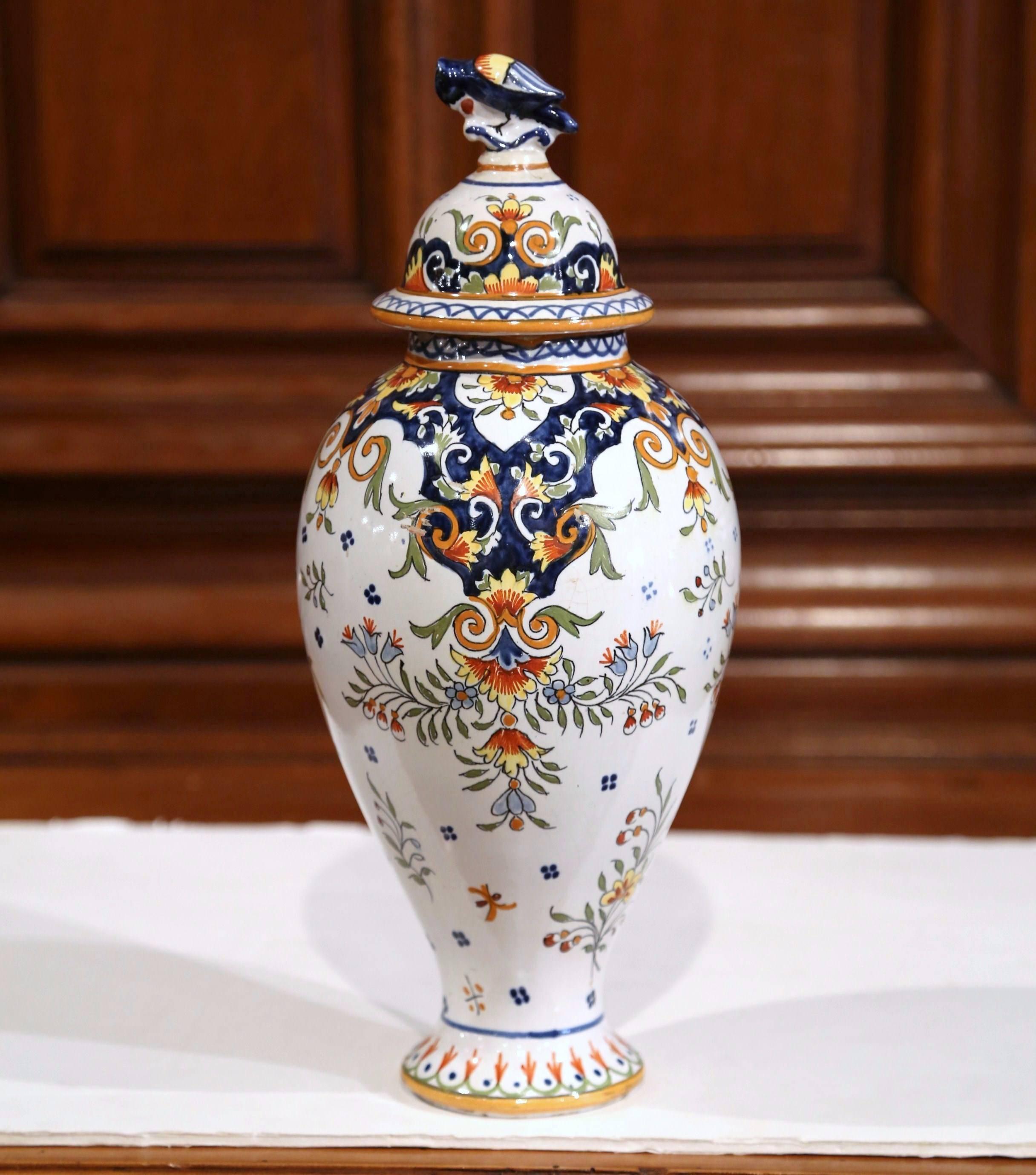 Hand-Painted 19th Century French Hand Painted Faience Urn and Lid from Rouen