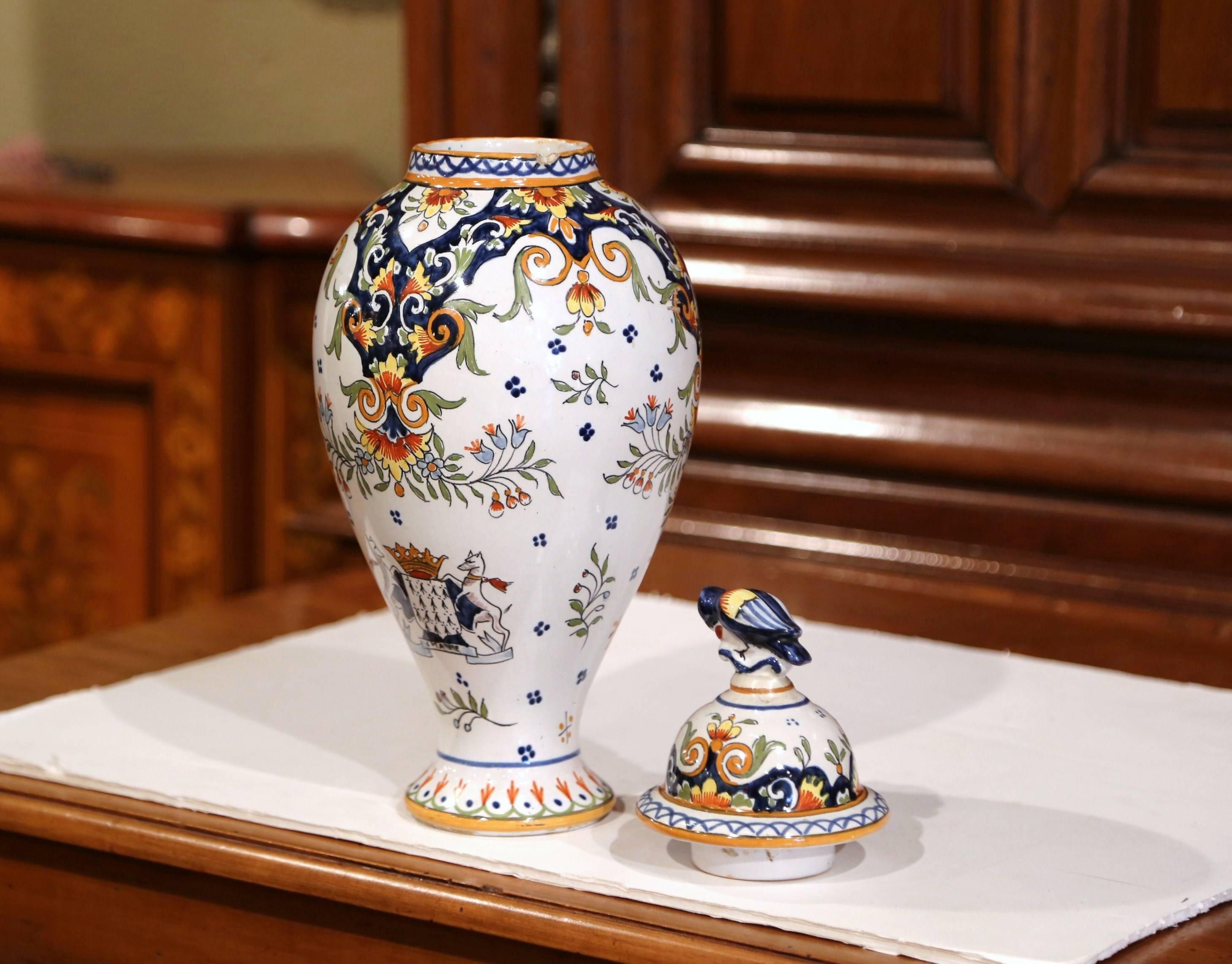 19th Century French Hand Painted Faience Urn and Lid from Rouen In Good Condition In Dallas, TX