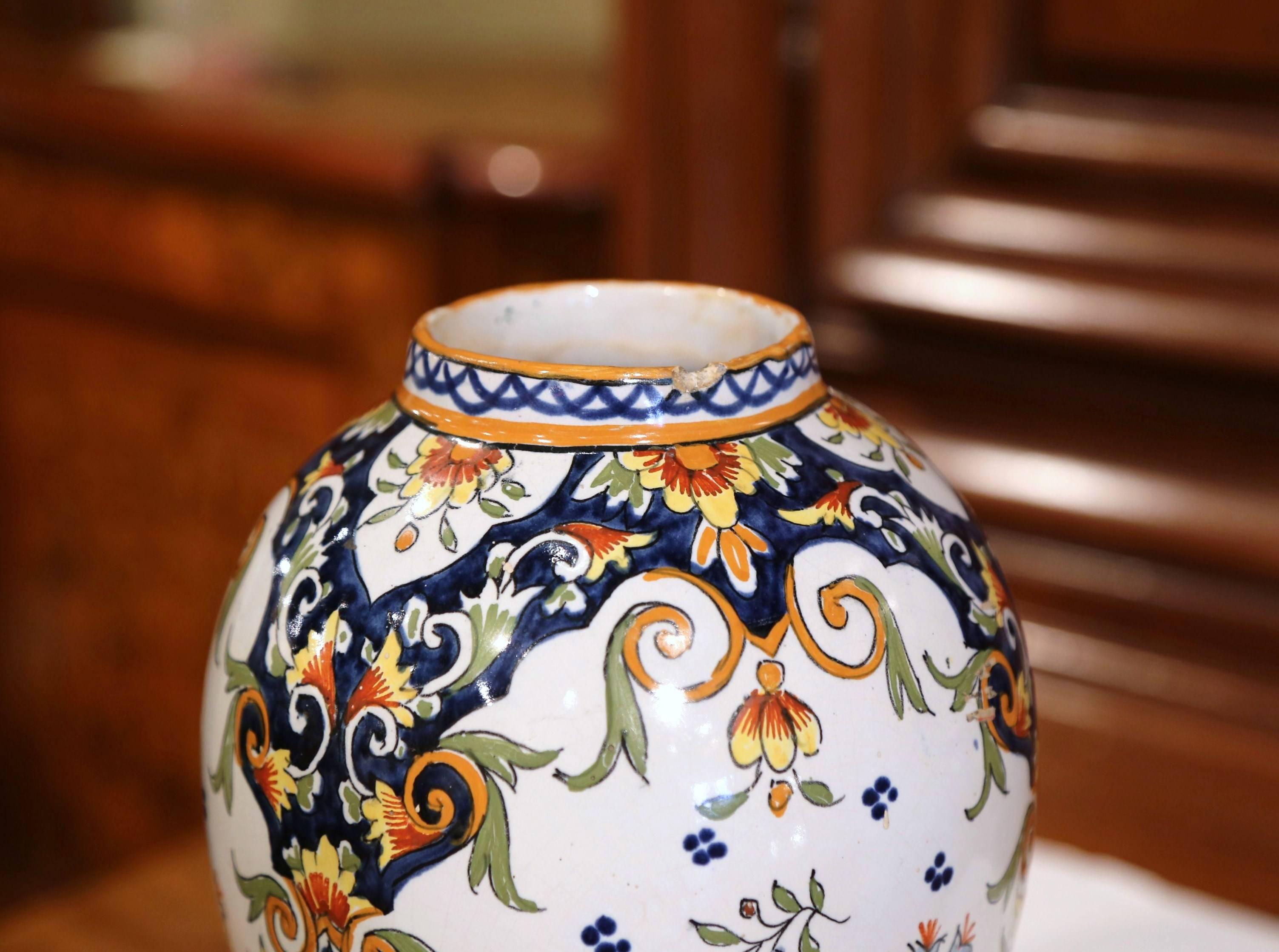 Ceramic 19th Century French Hand Painted Faience Urn and Lid from Rouen